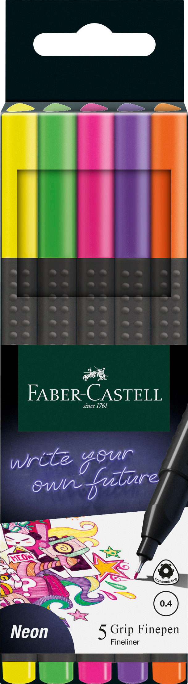 FABER-CASTELL Finepen Grip 0.4mm 151603 5 couleurs, neon