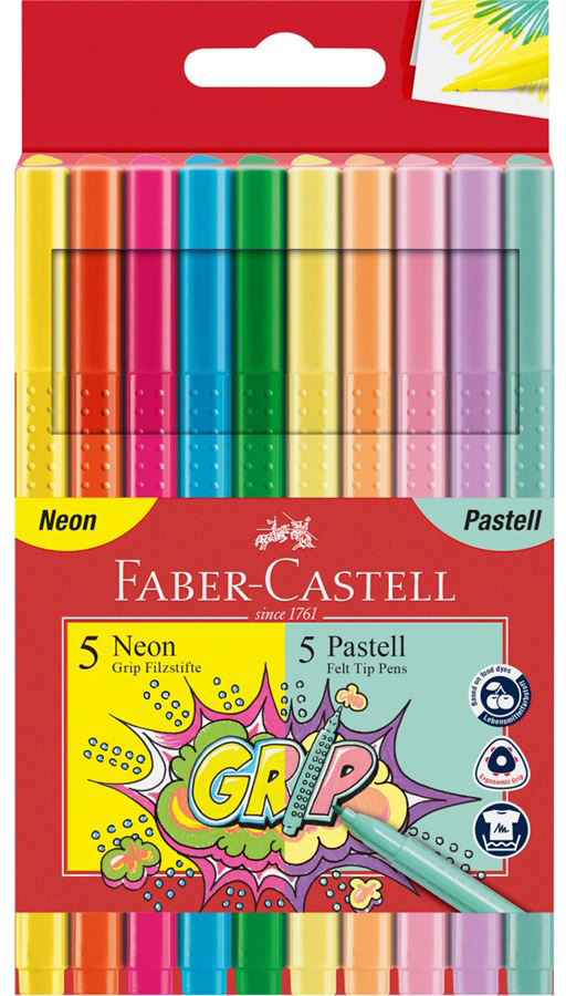 FABER-CASTELL Grip Colours 155312 10 couleurs, Neon et pastel