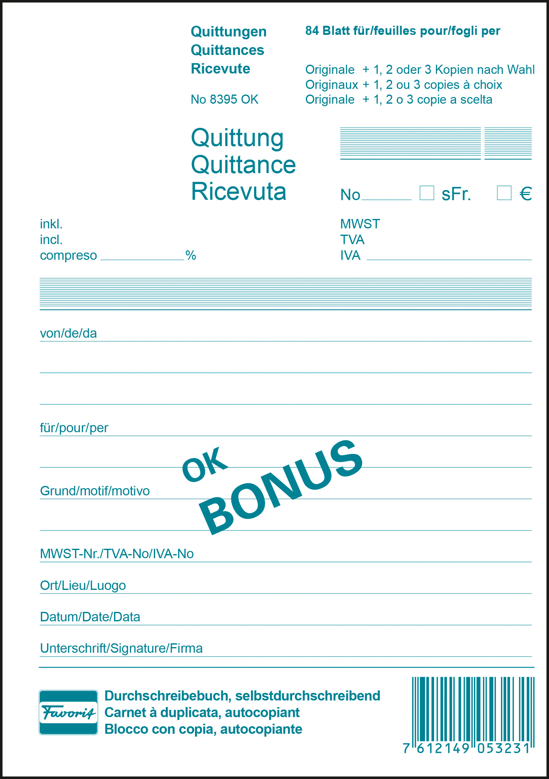 FAVORIT Quittungen A5 OK Bonus weiss<br>