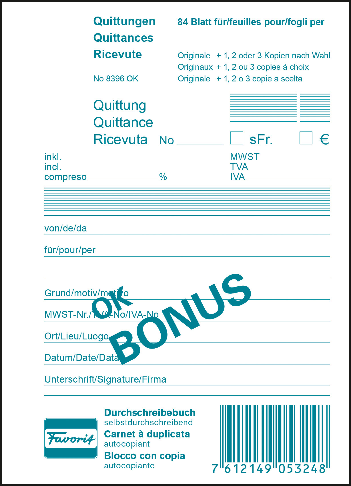 FAVORIT Quittungen A6 OK Bonus weiss<br>