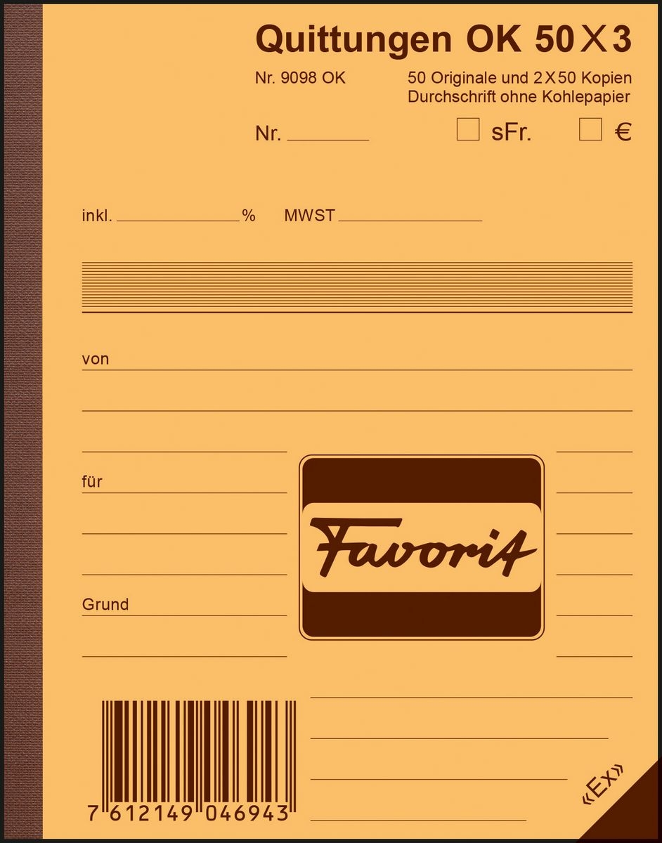 FAVORIT Bloc-notes form. Quittance A6 9098 OK papier autocopiant 50x3 flls.