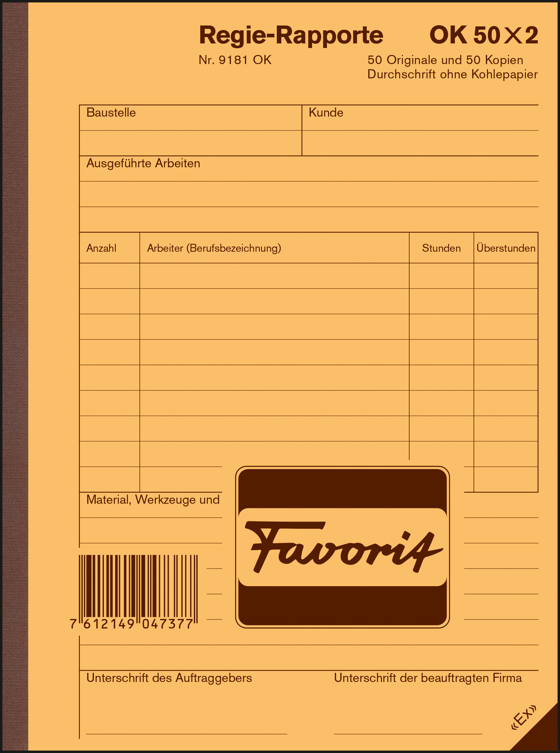 FAVORIT Rapport de régie Allemand A5 9181 OK papier autocopiant 50x2 flls.