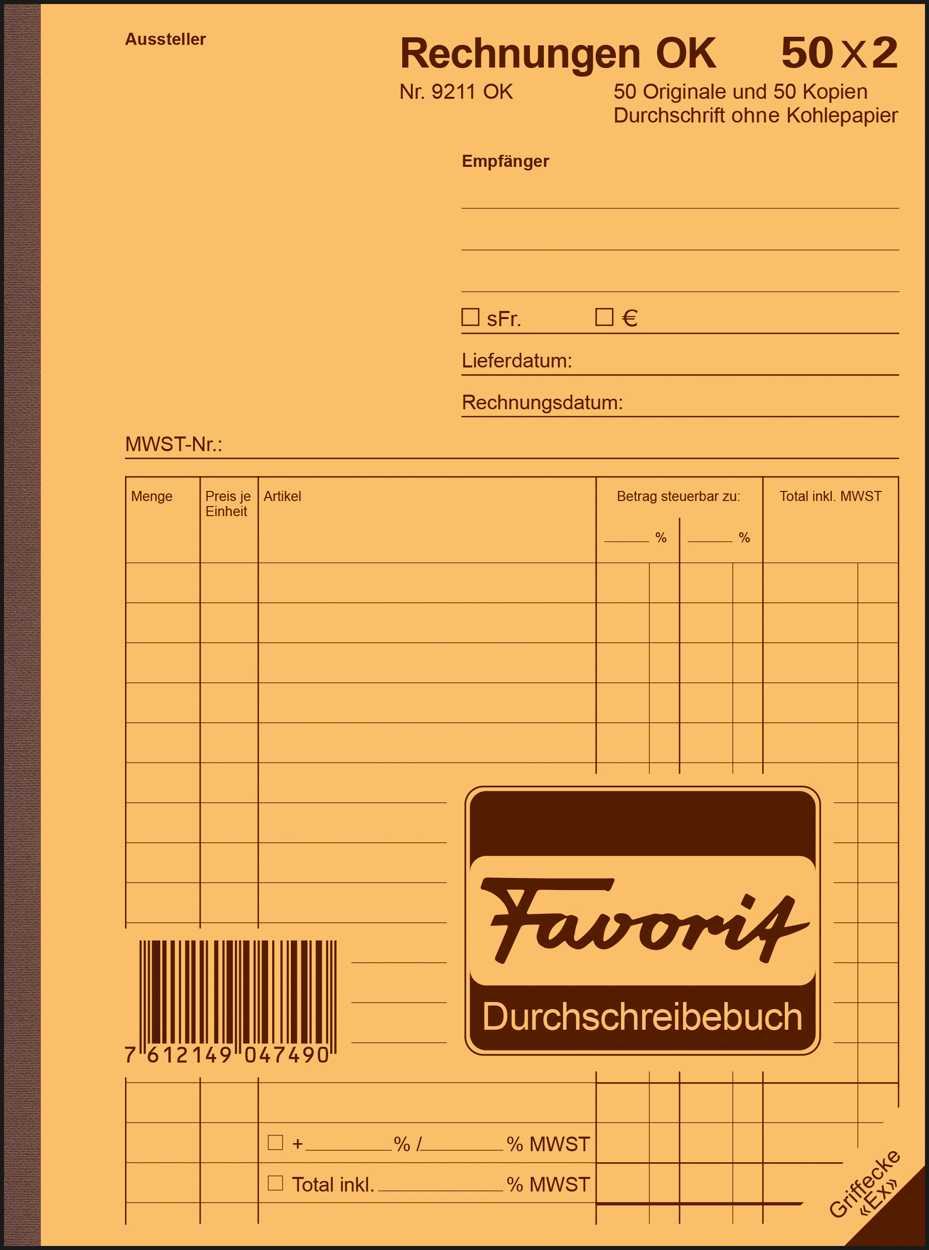 FAVORIT Bloc-notes form. factures A5 9211 OK papier autocopiant 50x2 flls.