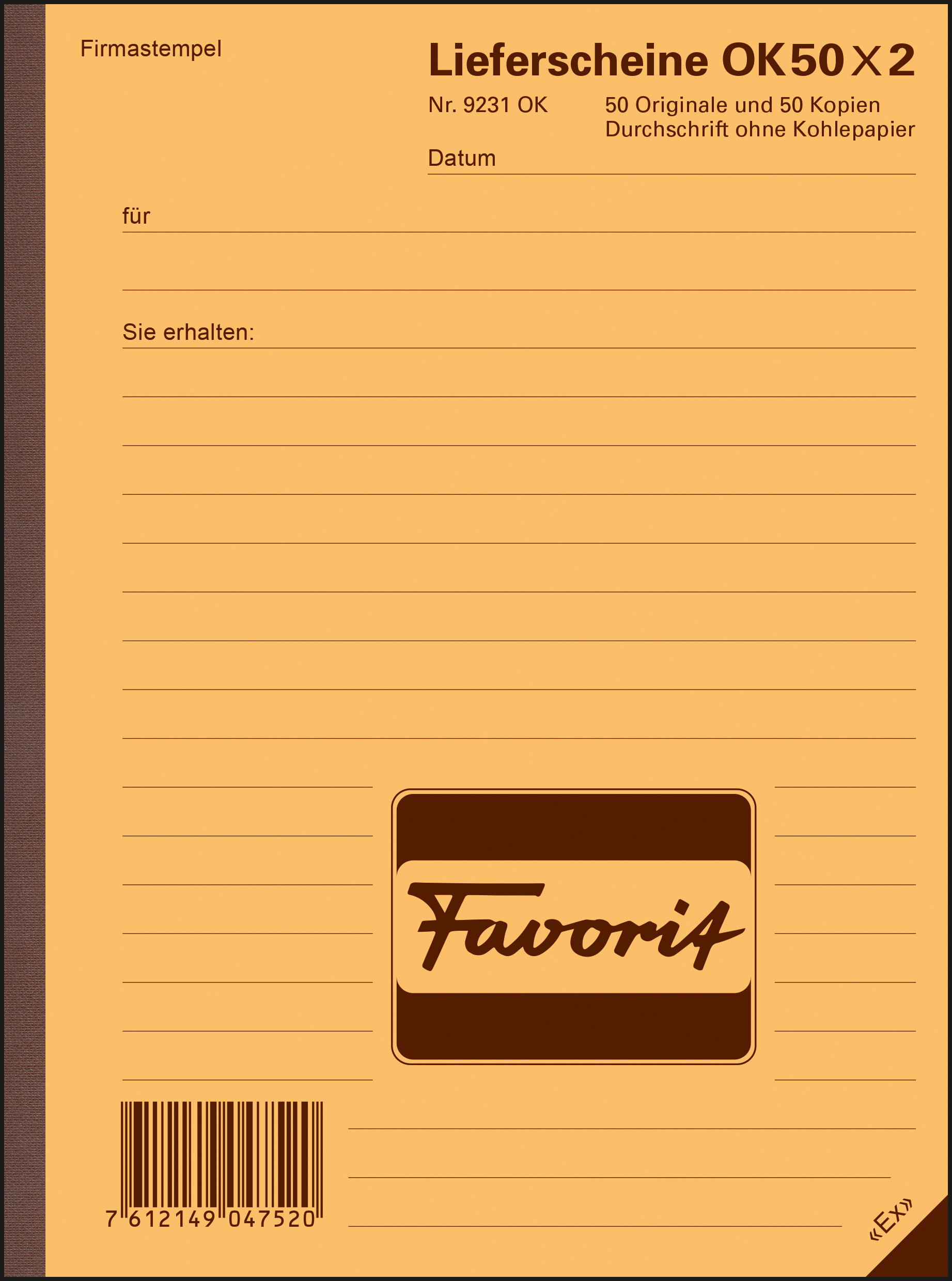 FAVORIT Bloc-notes form. Livraison A5 9231 OK papier autocopiant 50x2 flls.