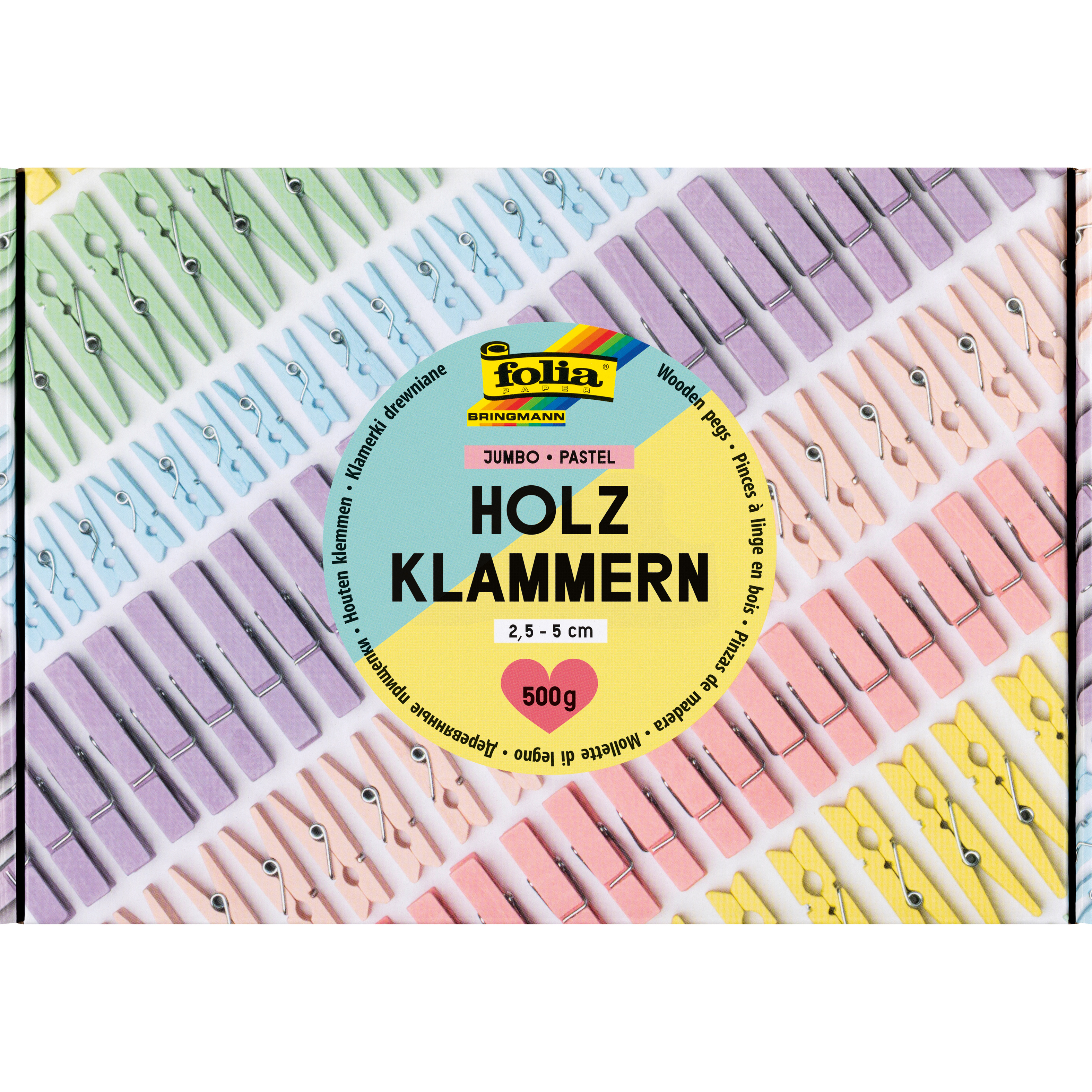 photo FOLIA Clips en bois pastel 500g 22996 Jumbo Pack, 2.5-5 cm
