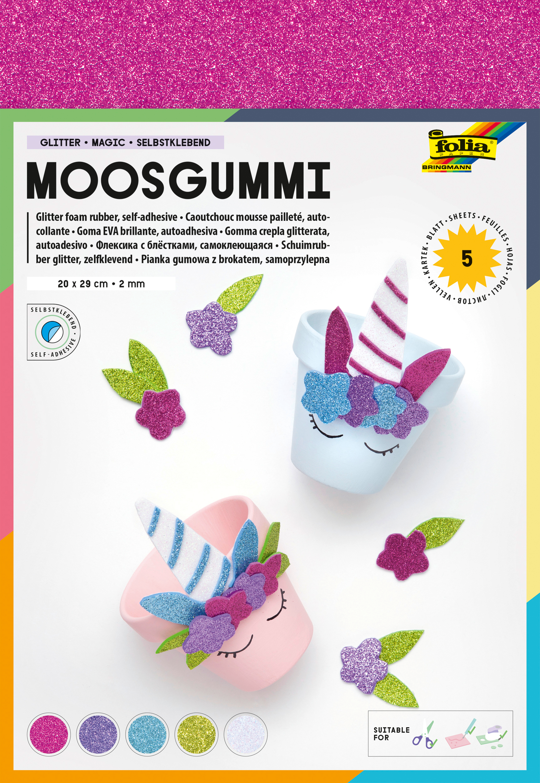 photo FOLIA Caoutchouc mousse 20x29cm 231909 paillettes, ass. 5 feuilles