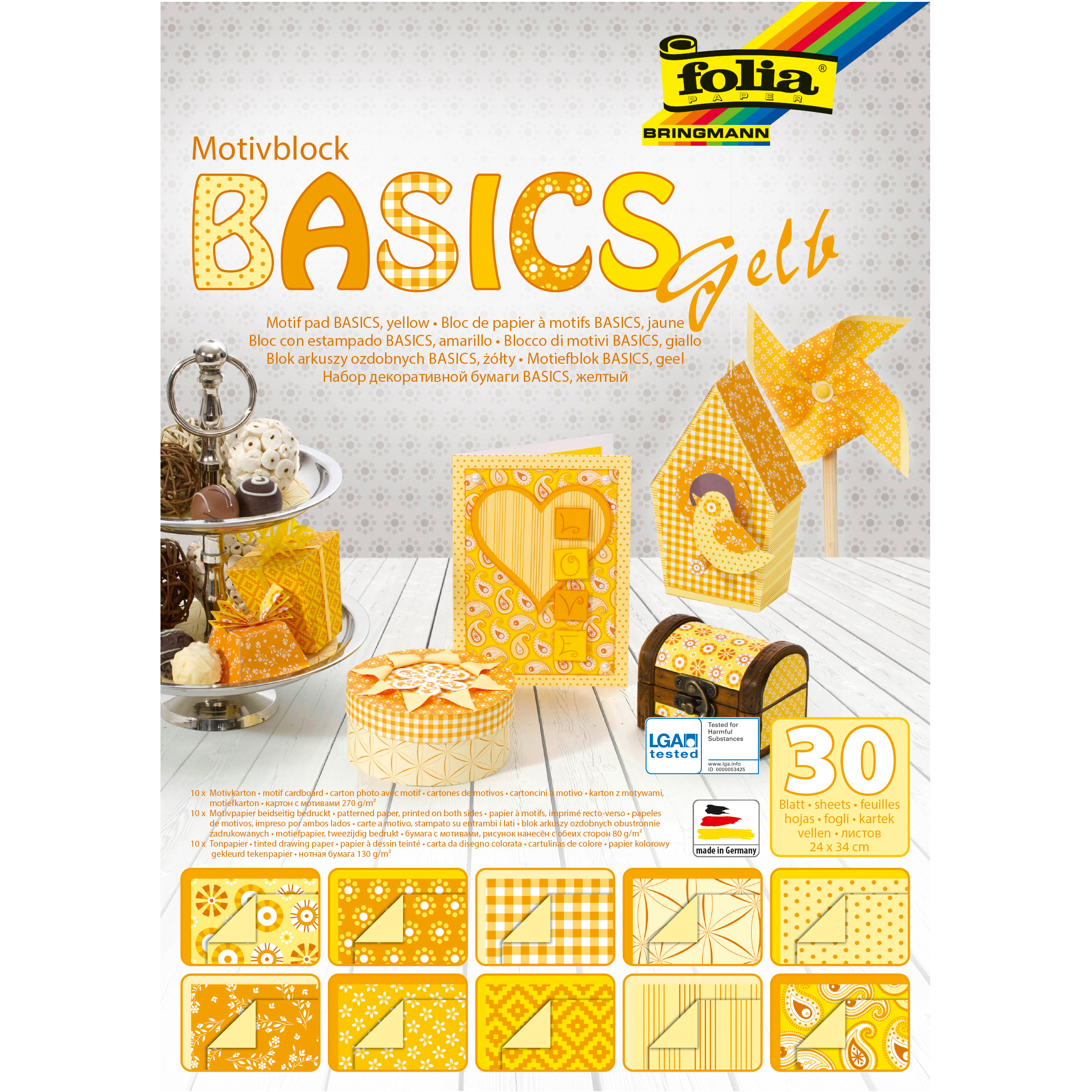 FOLIA Bloc de papier Basic 46149 àmotifs, jaune, 30 pcs. àmotifs, jaune, 30 pcs.
