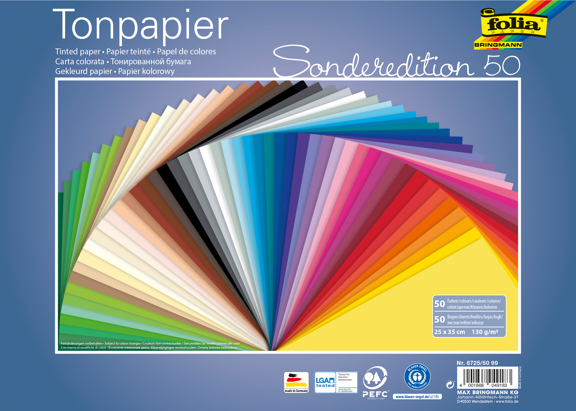 photo FOLIA Papier teinté 25x35cm 6725/50 99 130g, assortis 50 feuilles