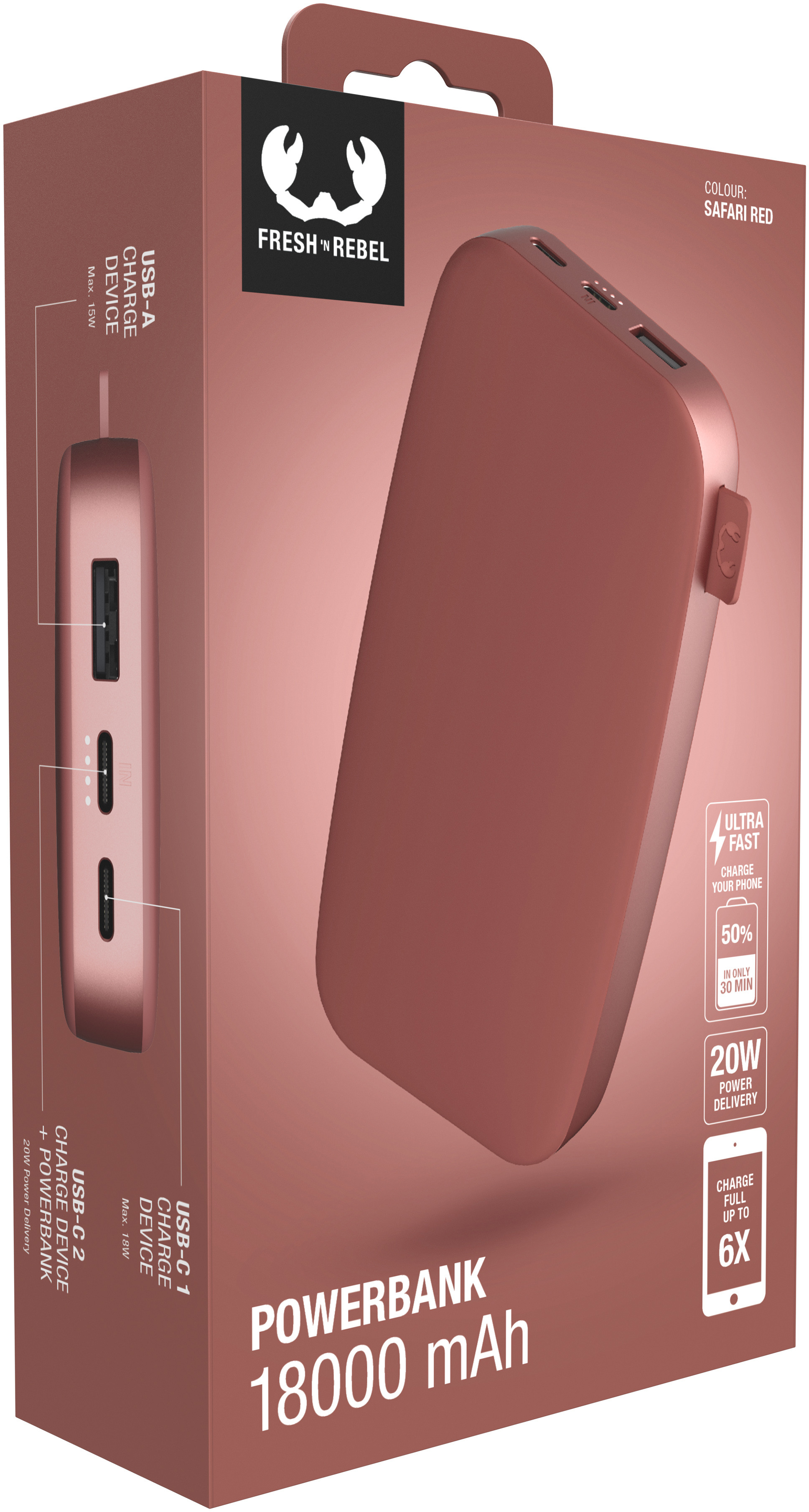 FRESH'N REBEL Powerbank 18000 mAh USB-C UFC 2PB18100SR Safari Red 20w PD