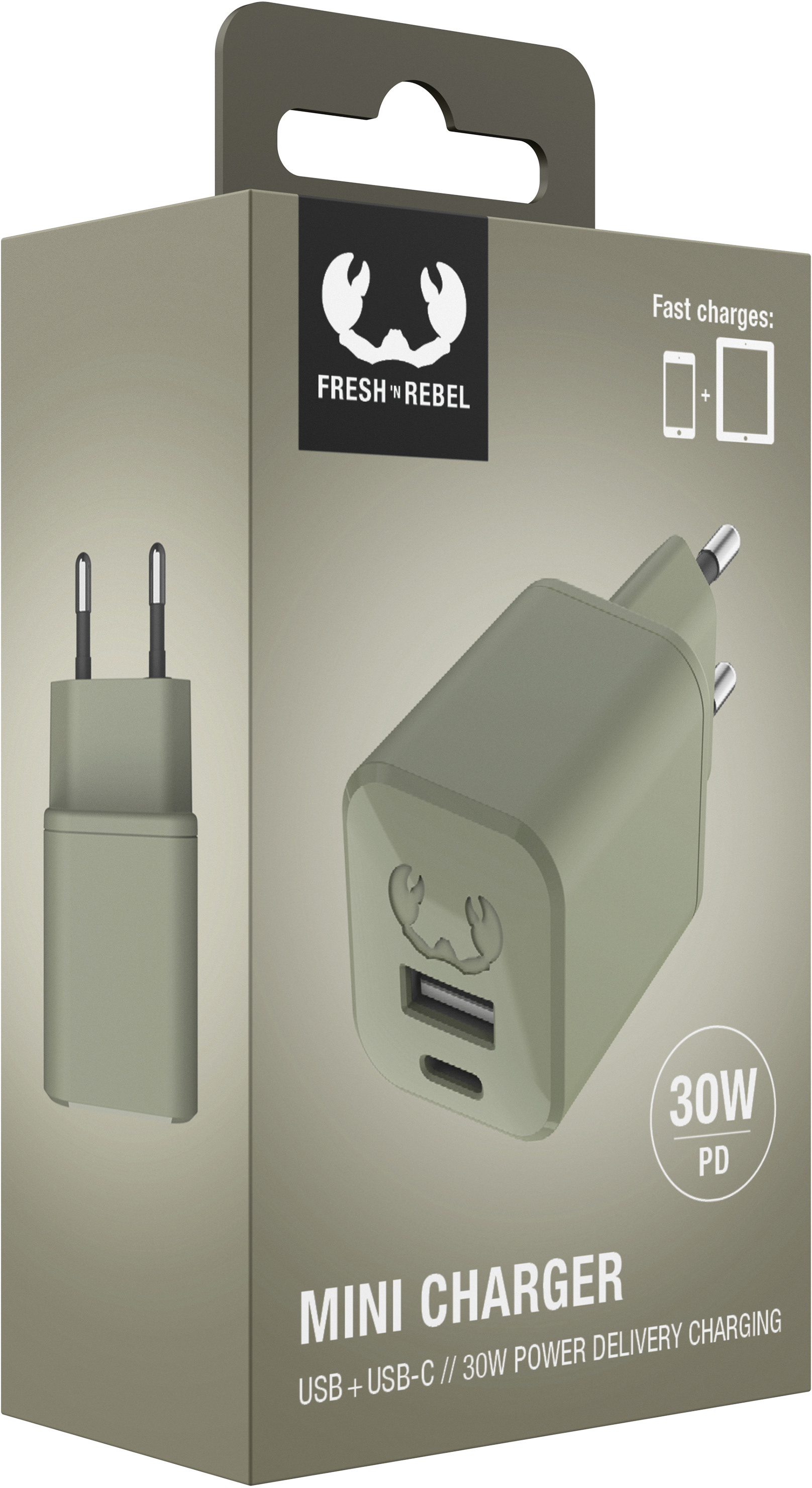 FRESH'N REBEL Mini Charger USB-C + A PD 2WC30DG Dried Green 30W