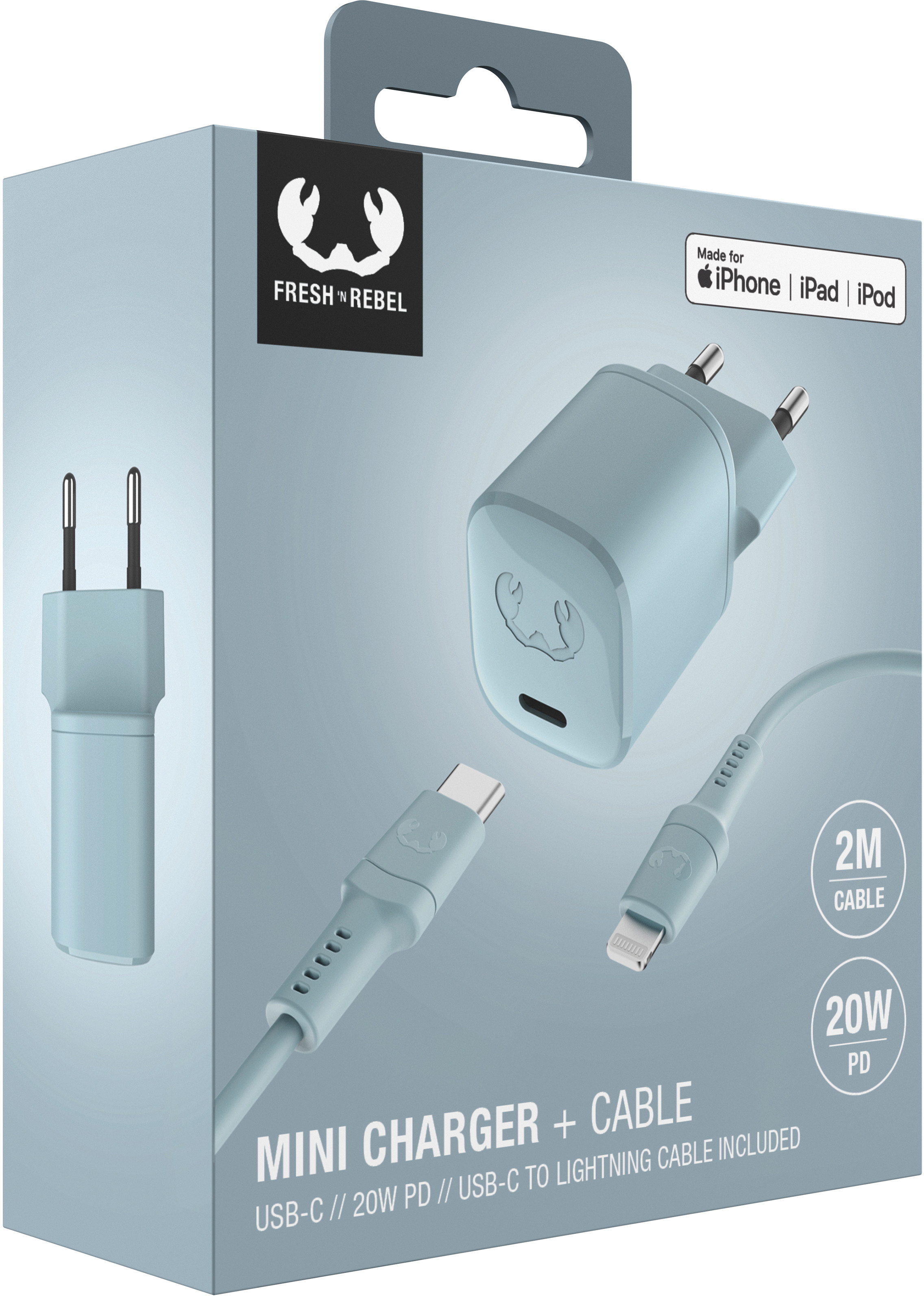 FRESH'N REBEL Charger USB-C PD Dusky Blue 2WCL20DB + Lightning Cable 1.5m 20W