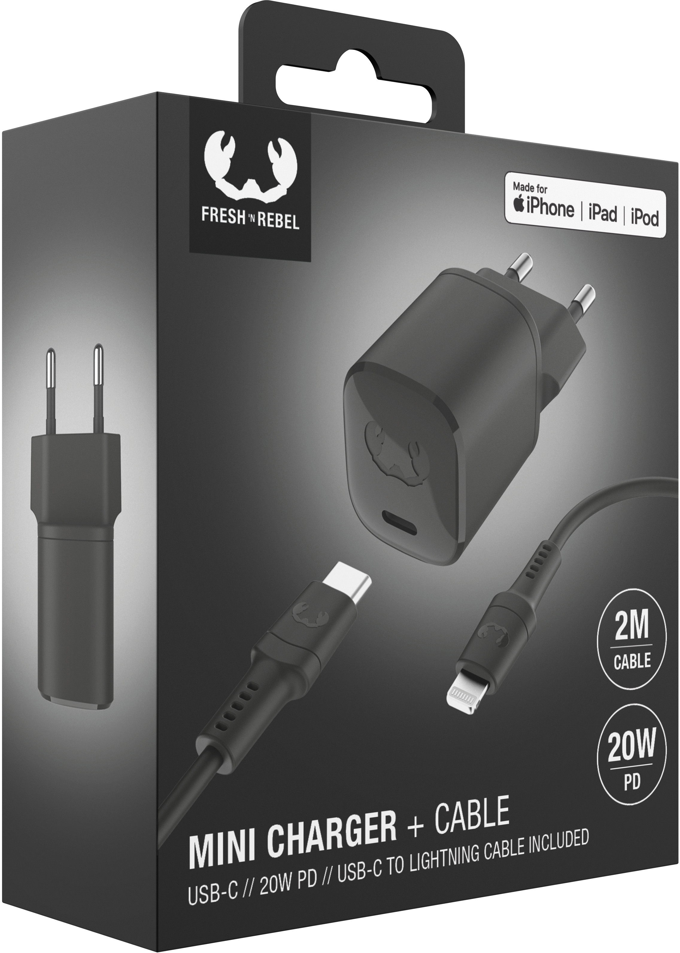 FRESH'N REBEL Charger USB-C PD Storm Grey 2WCL20SG + Lightning Cable 1.5m 20W