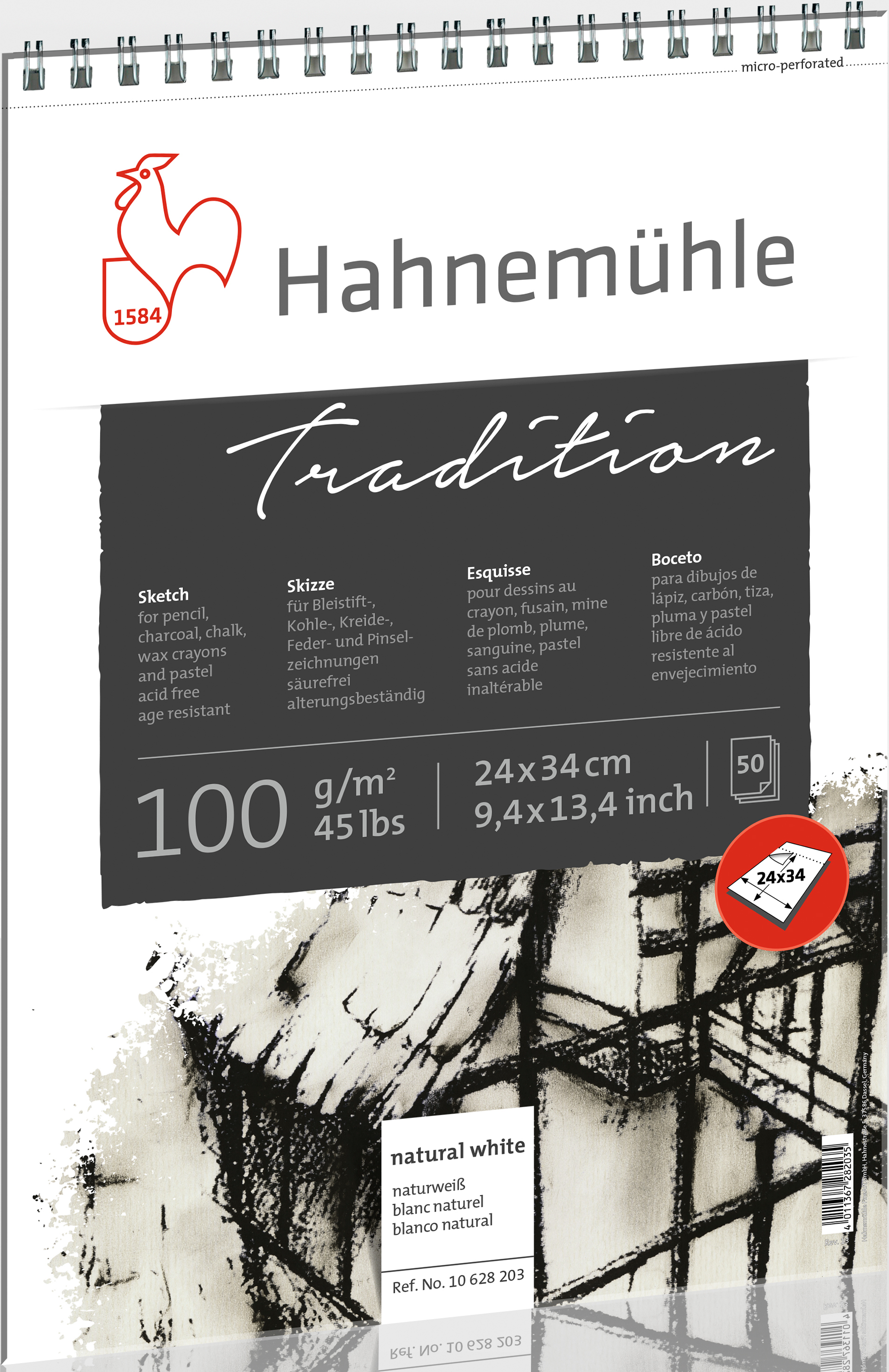 photo HAHNEMÜHLE Bloc spirale Tradition 24x34cm 10628203 blanc, 100g 50 feuilles