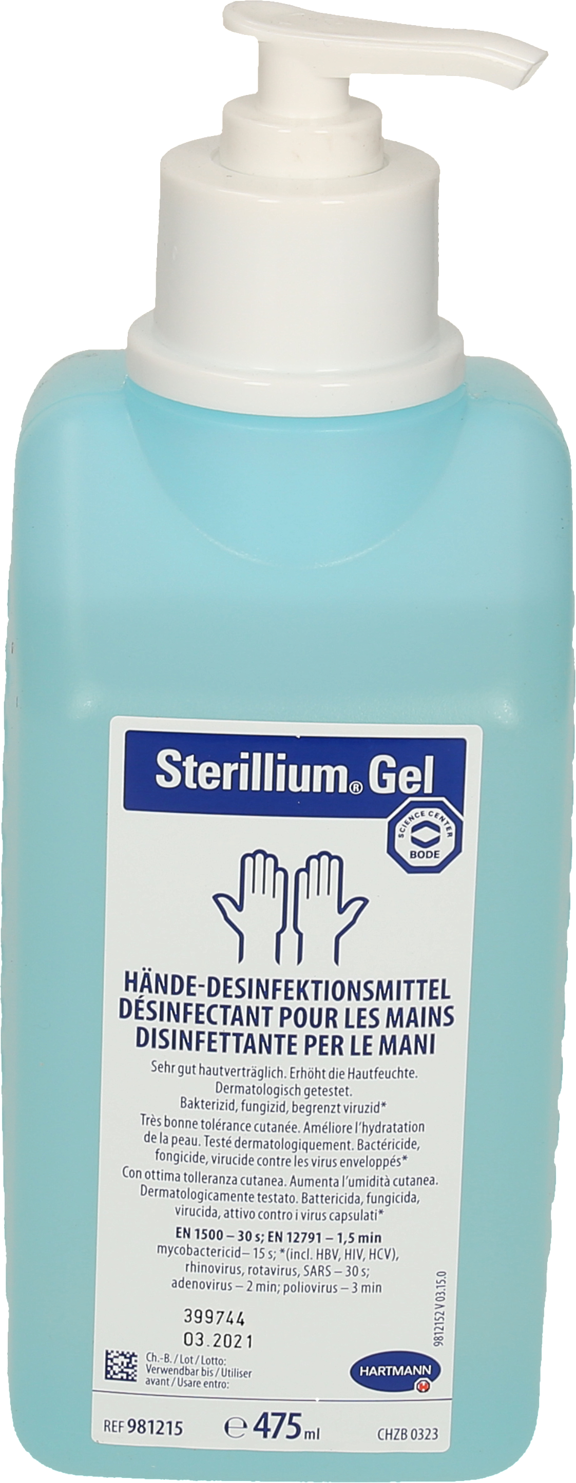 photo HARTMANN Hand sanitiser gel 475ml 9812155 avec application