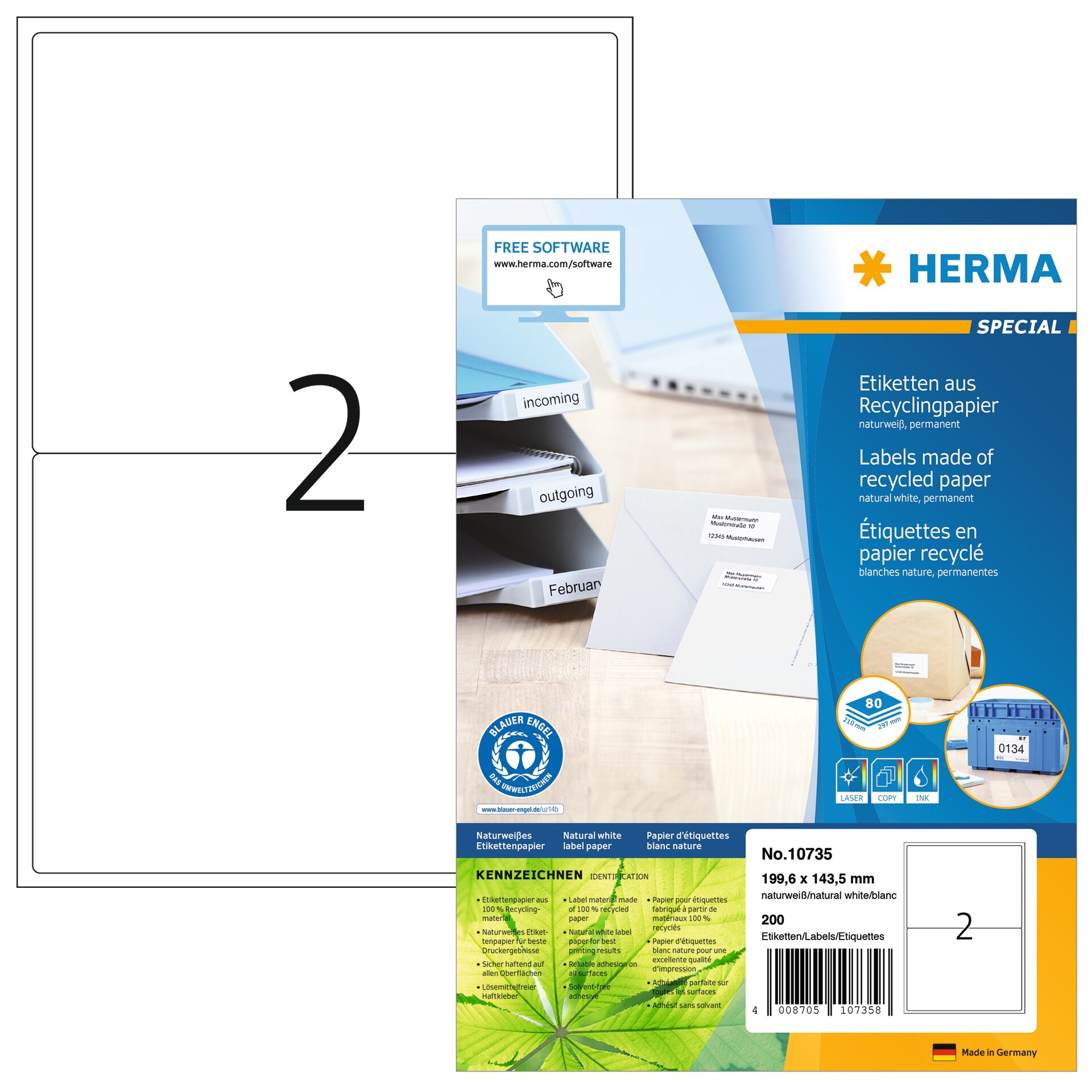 HERMA Etiquettes 199.6x143.5mm 10735 recycling 160 pcs.