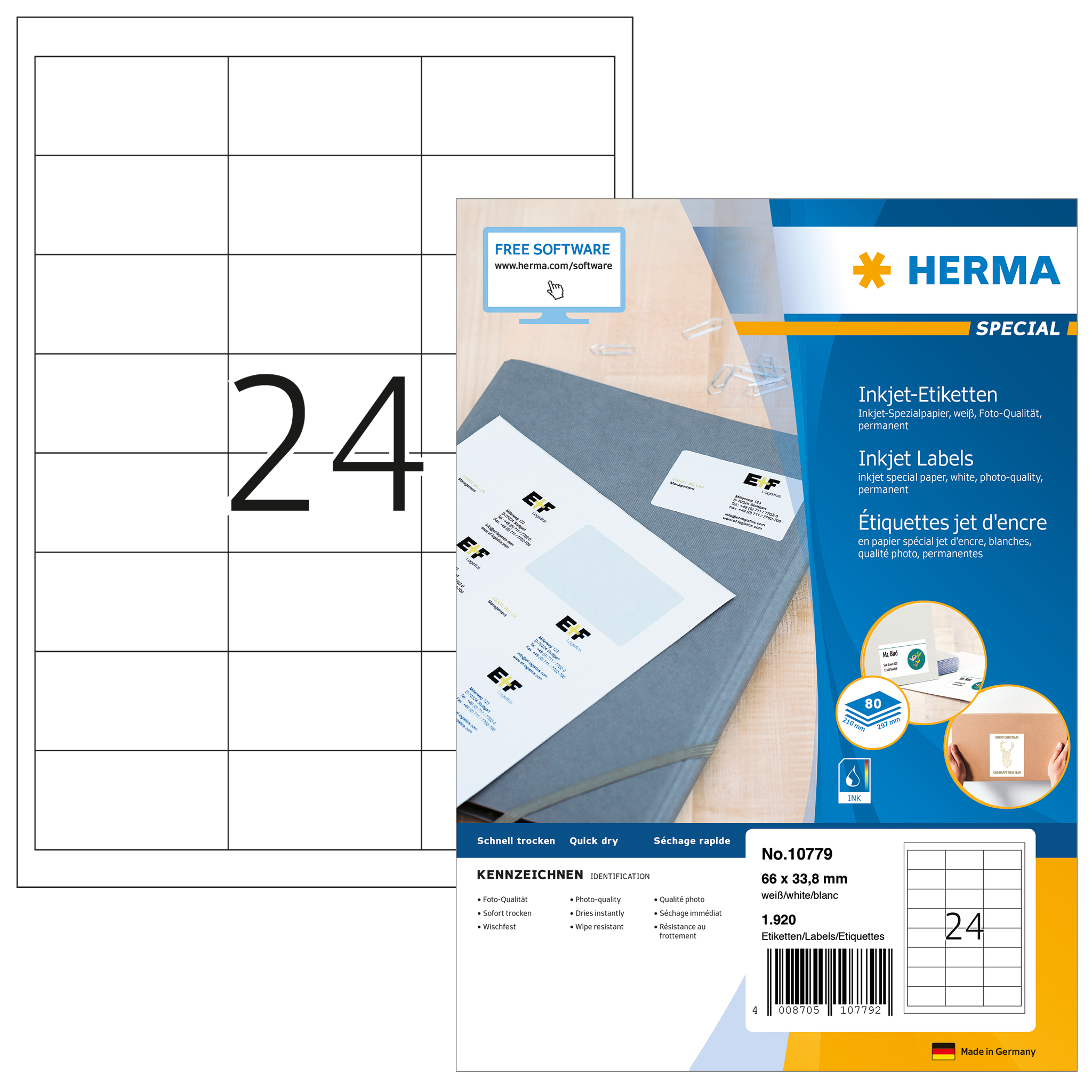 photo HERMA Étiquettes Inkjet 66x33.8mm 10779 blanc 1920 pcs./80 f.