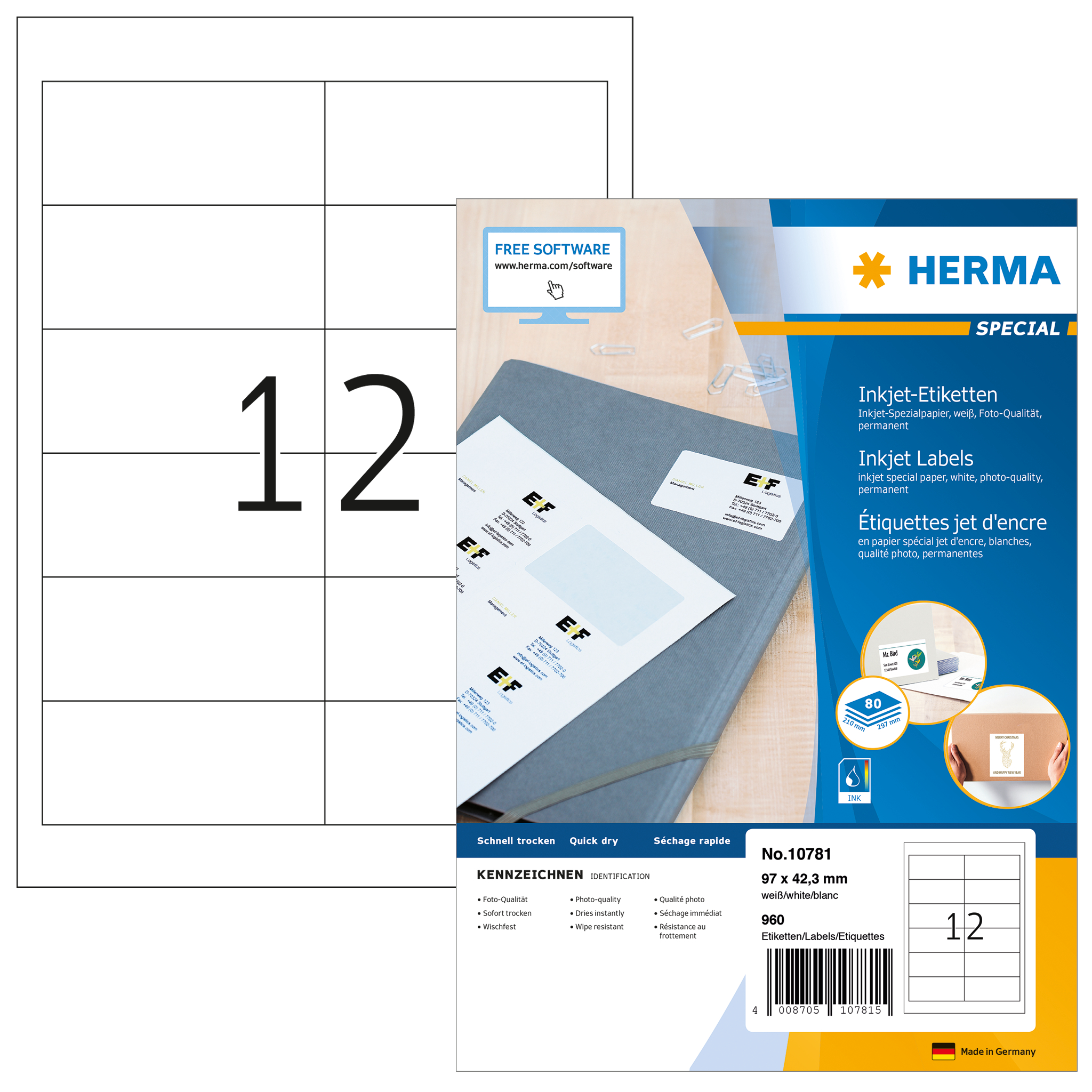 photo HERMA Étiquettes Inkjet 97x42.3mm 10781 blanc 960 pcs./80 f.