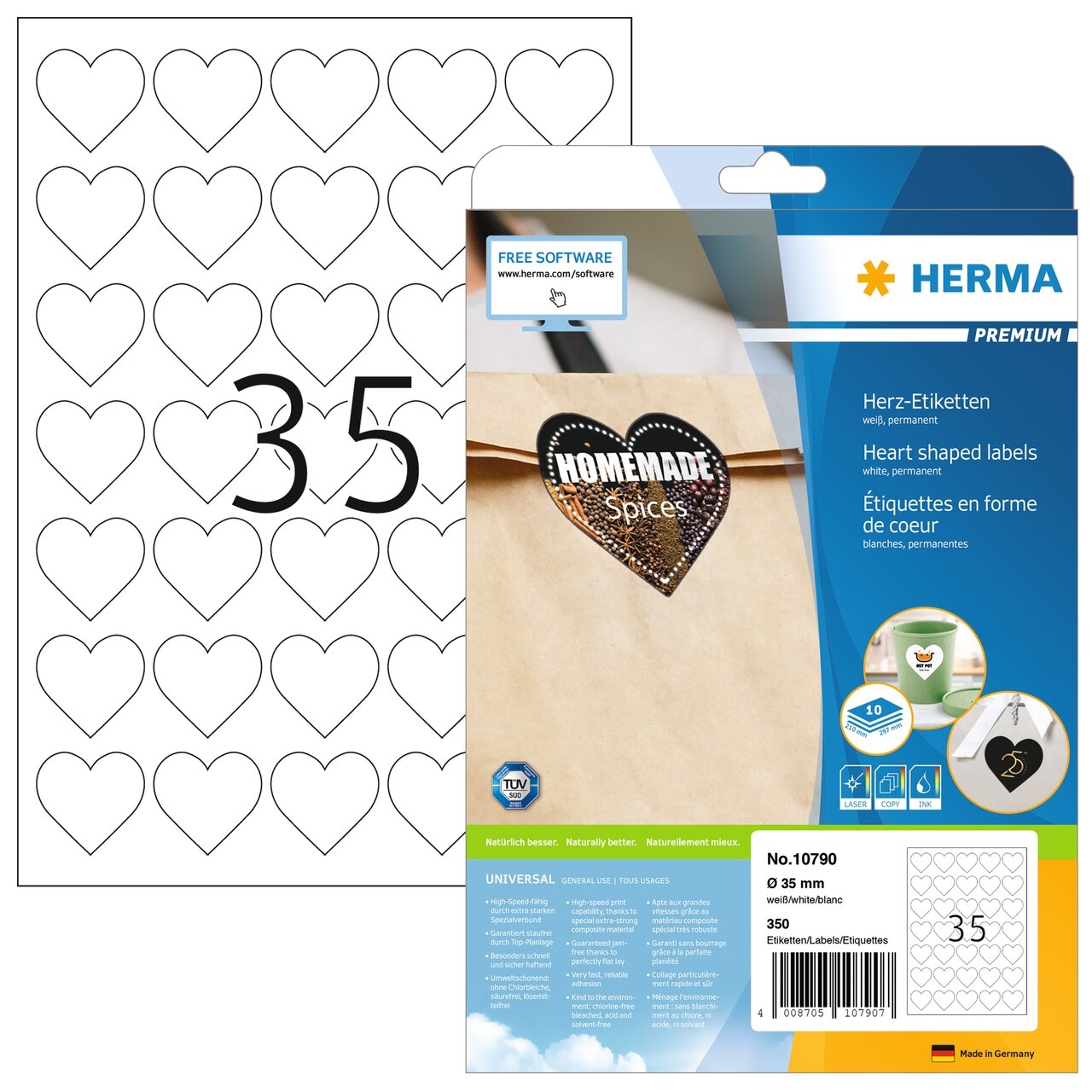 HERMA Étiquettes Premium 35mm 10790 coeur, blanc 350 pcs. coeur, blanc 350 pcs.