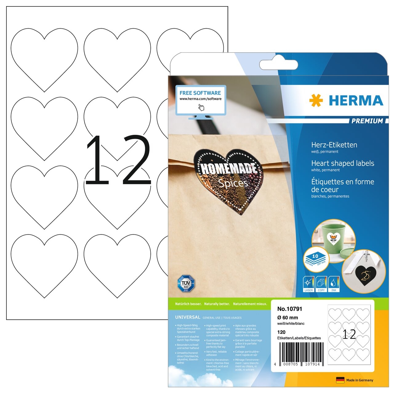 HERMA Étiquettes Premium 60mm 10791 coeur, blanc 120 pcs.