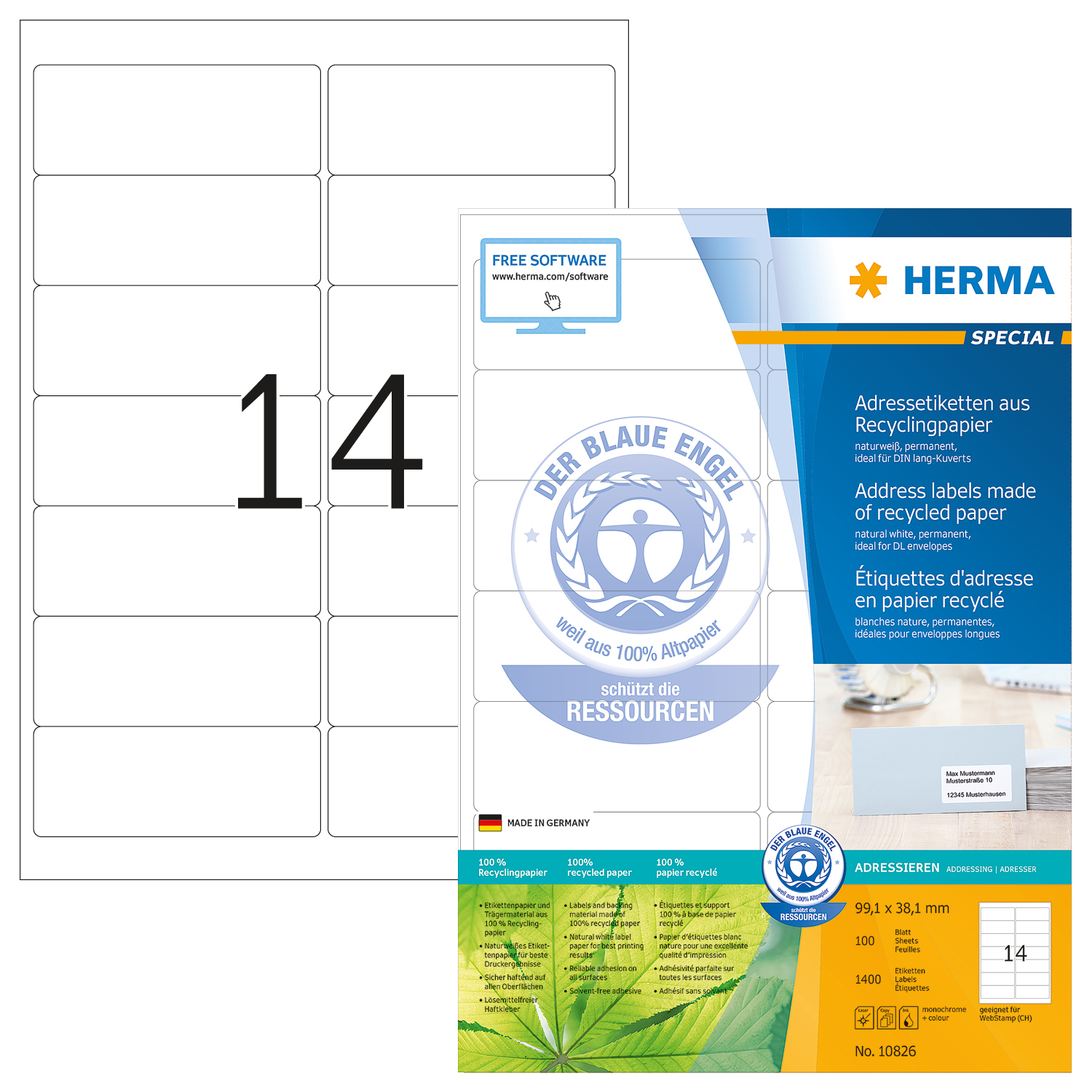 HERMA Etiquettes adress. 99,1x38,1mm 10826 recycling 1400 pcs.