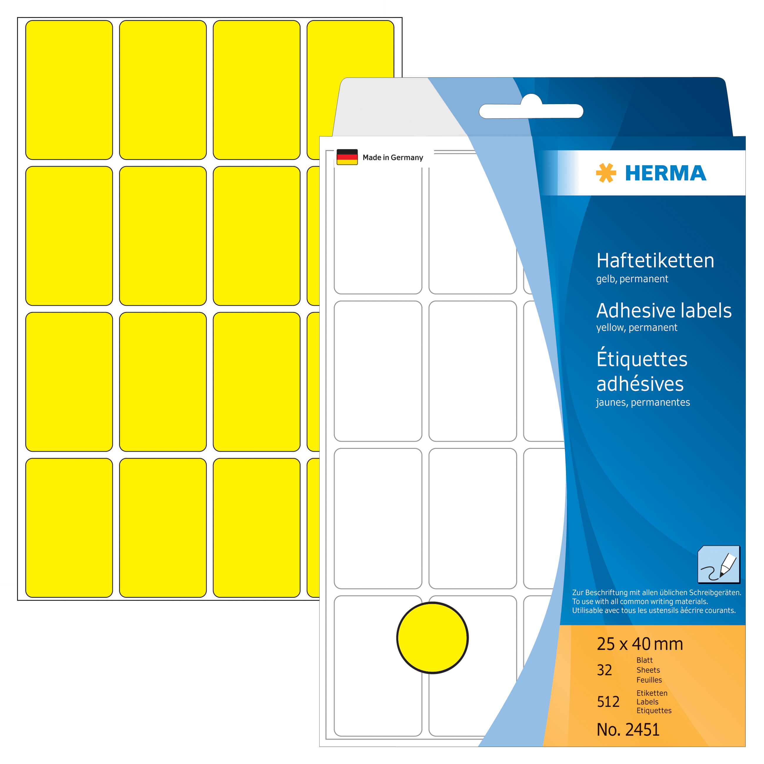 HERMA Etiquettes 25×40mm 2451 jaune 512 pcs.