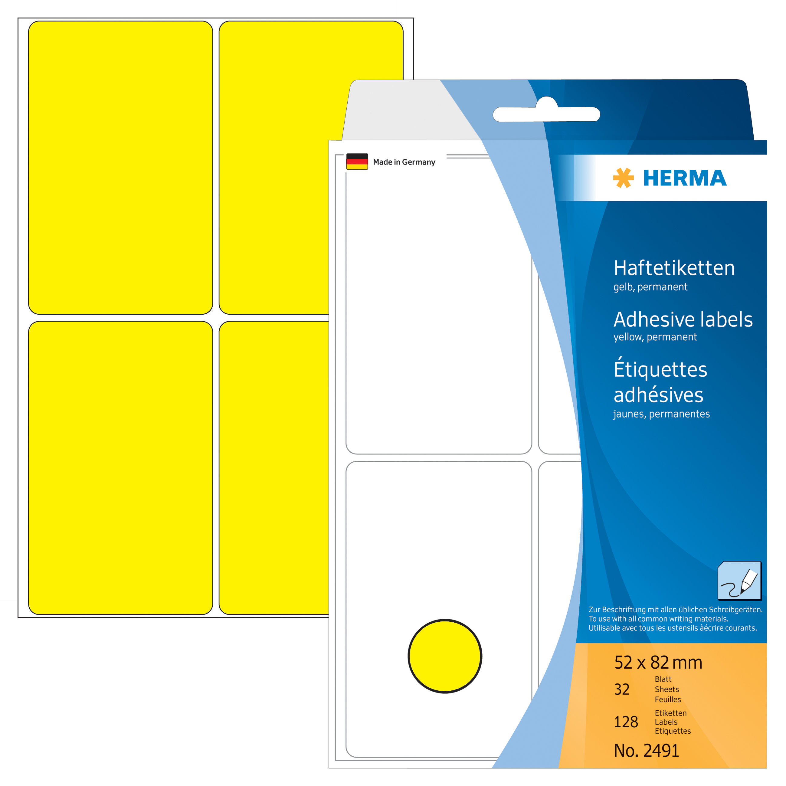 HERMA Etiquettes 52×82mm 2491 jaune 128 pcs.