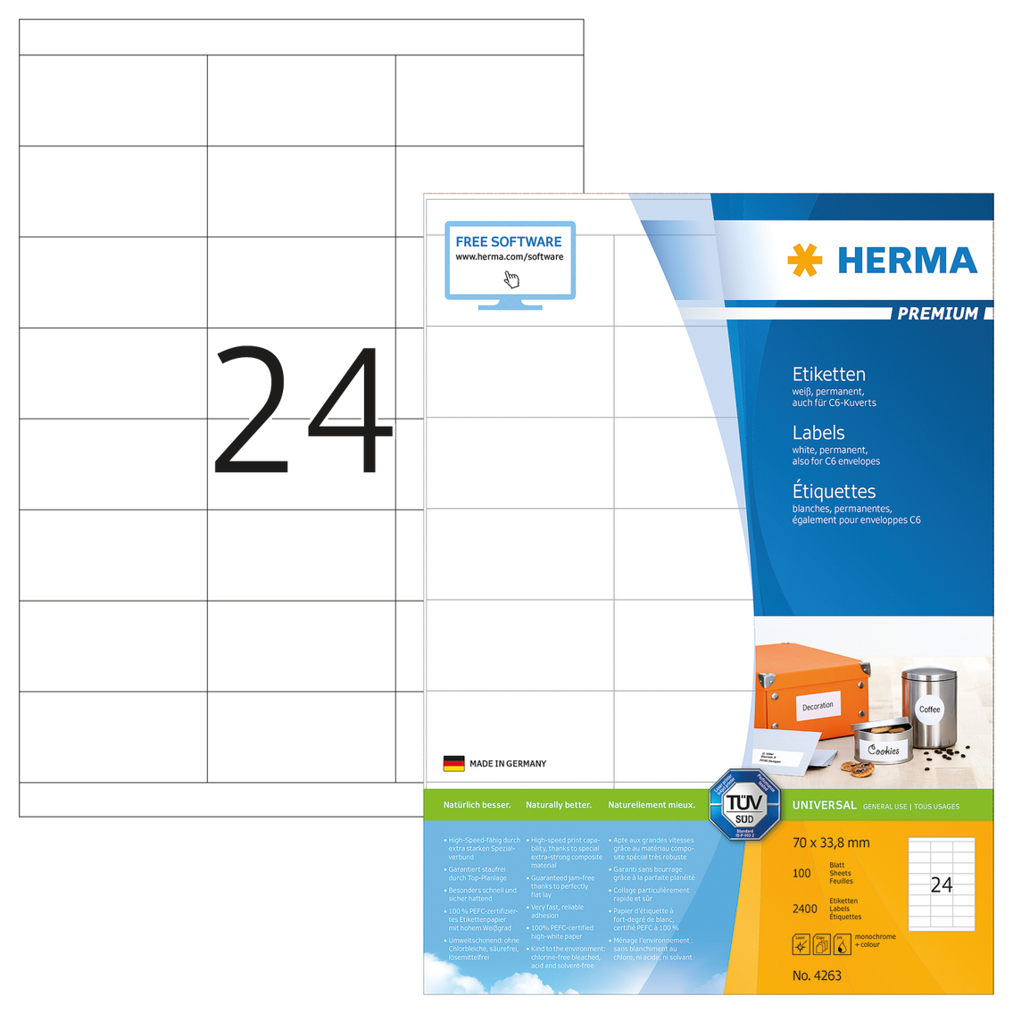 HERMA Etiquettes 4263 4263 70x33.8mm 2400pcs. 100 flls.