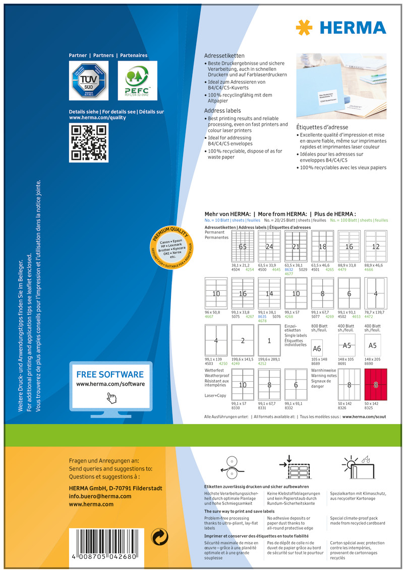 HERMA Étiquettes PREMIUM 99.1x57mm 4268 blanc,perm. 1000pcs./100flls.