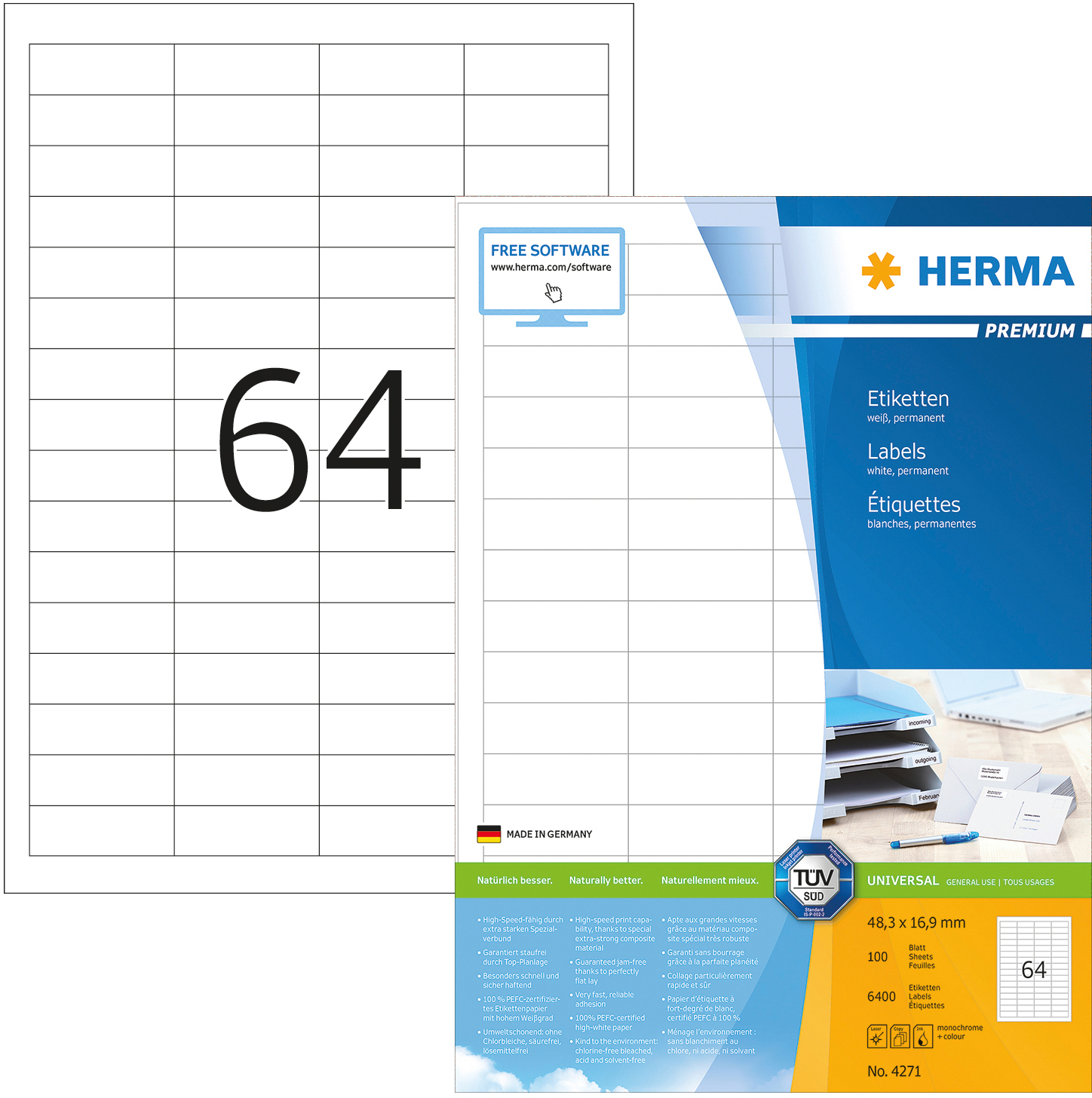 HERMA Étiquettes univer. 48,3x16,9mm 4271 blanc 6400 pcs./100 flls.