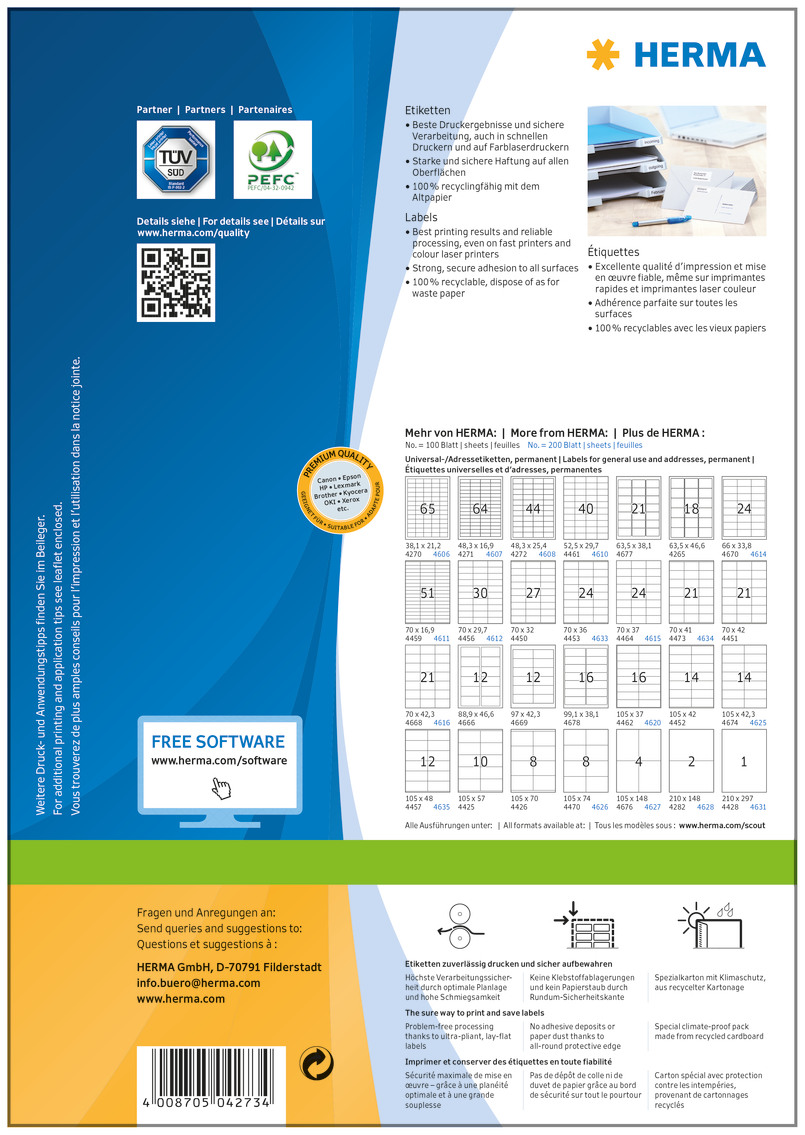 HERMA Étiquettes PREMIUM 52.5x21.2mm 4273 blanc,perm. 5600pcs./100flls.