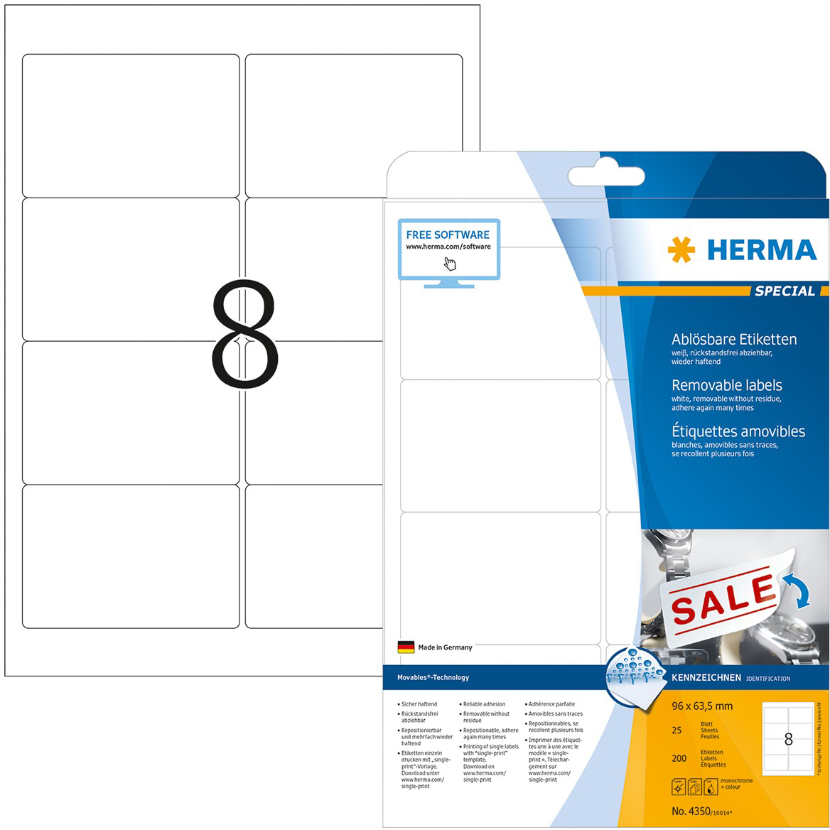 HERMA Étiquett. Movables 96,0x63,5mm 4350 blanc,non-perm. 200 pcs./25 f.