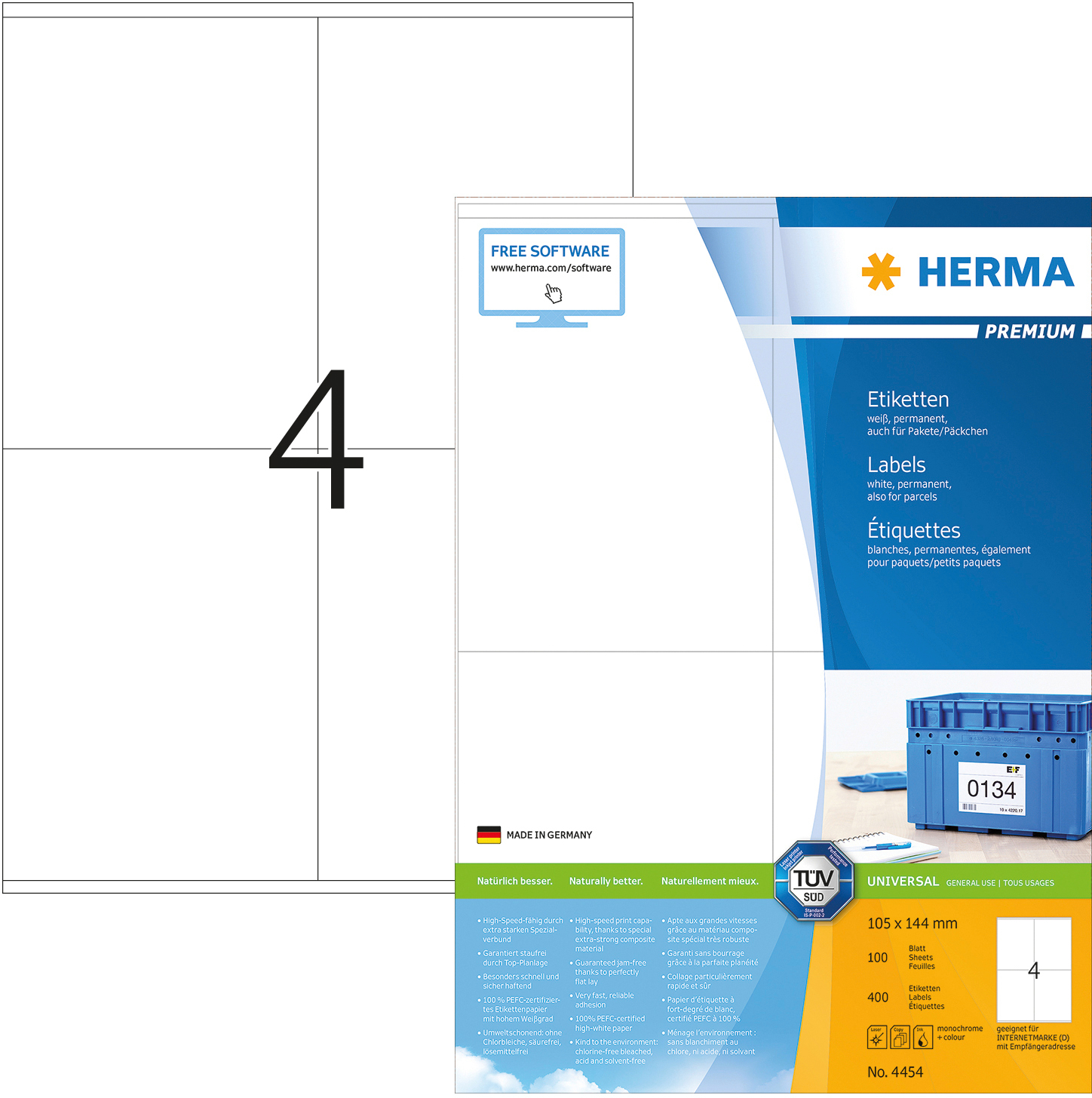 HERMA Étiquettes univers. 105x144mm 4454 blanc 400 pcs./100 flls.