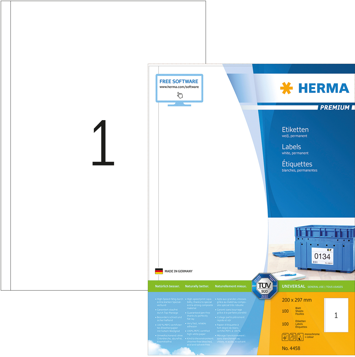 HERMA Étiquettes univers. 200x297mm 4458 blanc 100 pcs./100 flls.