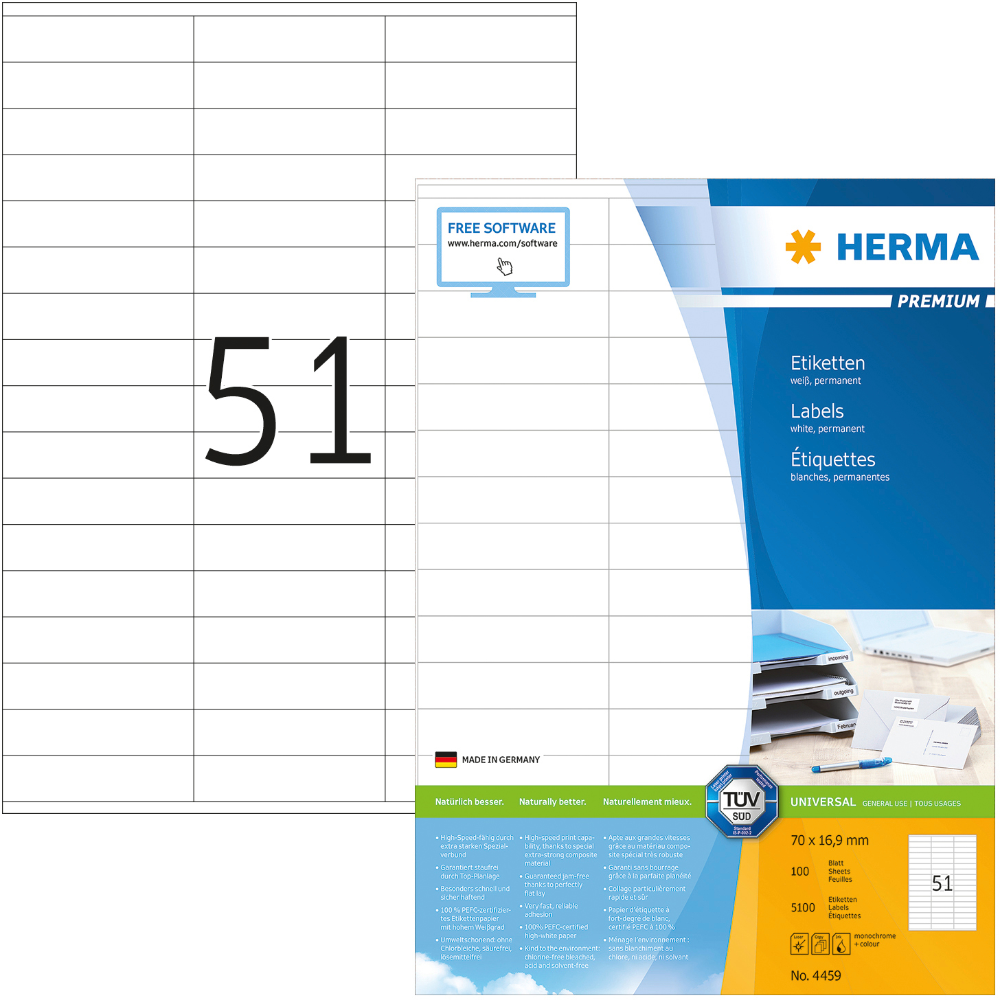 HERMA Étiquettes univers. 70x16,9mm 4459 blanc 5100 pcs./100 flls.