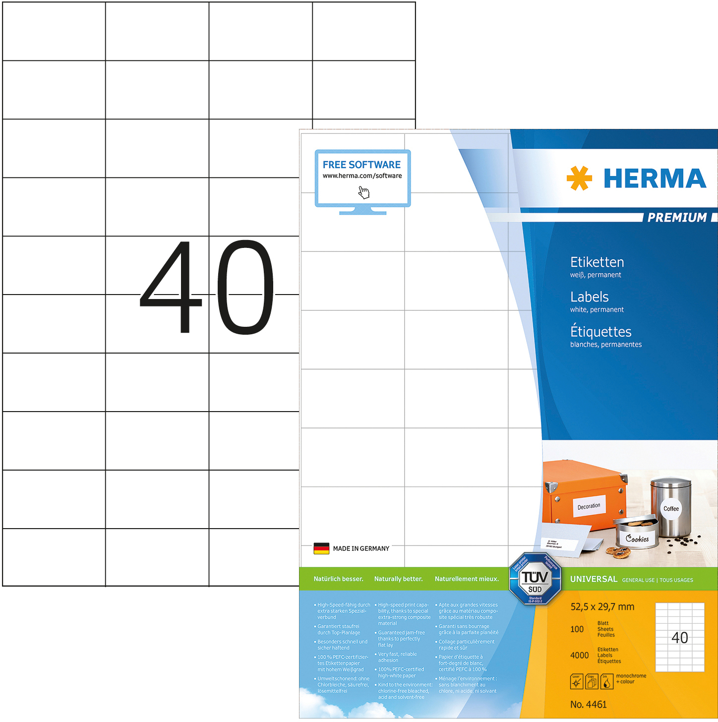 HERMA Étiquettes univ. 52,5x29,7mm 4461 blanc 4000 pcs./100 flls.