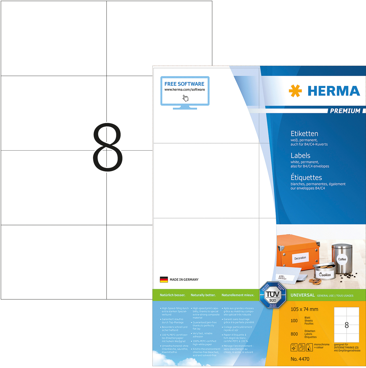 HERMA Étiquettes univers. 105x74mm 4470 blanc 800 pcs./100 flls.