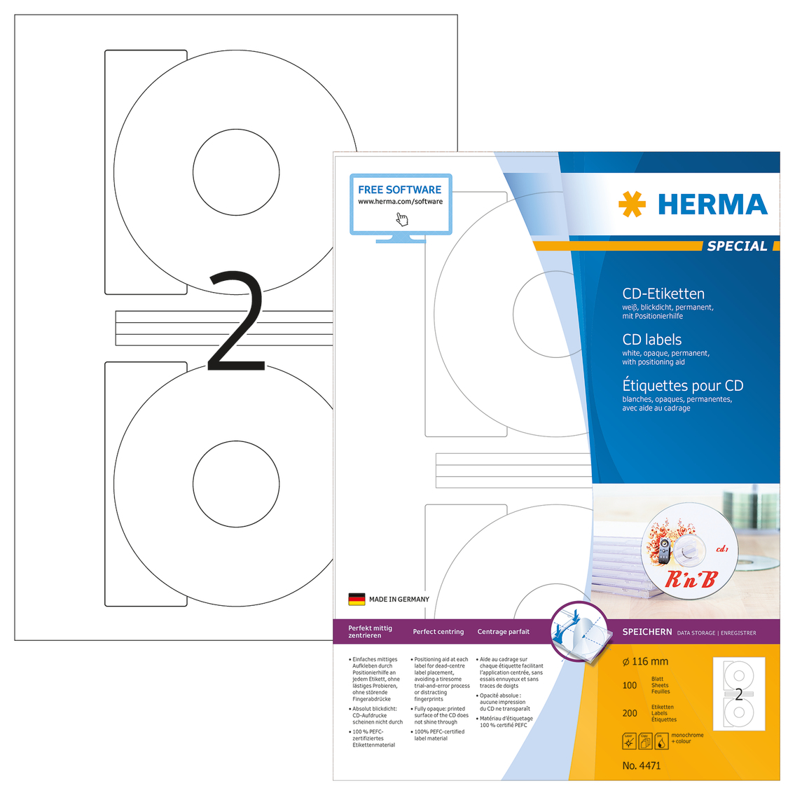 HERMA CD Etiquettes 4471 4471 116mm 200pcs. 100 f. 116mm 200pcs. 100 f.