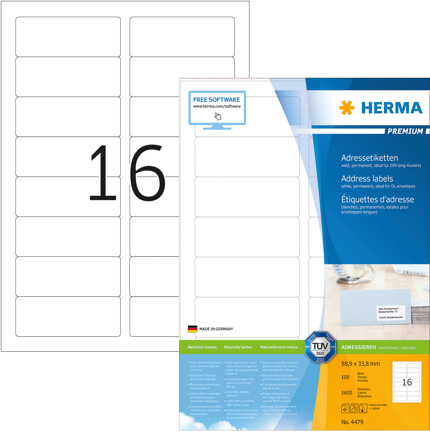 HERMA Etiquettes Premium 88,9×33,8mm 4479 blanc 1600 pcs.