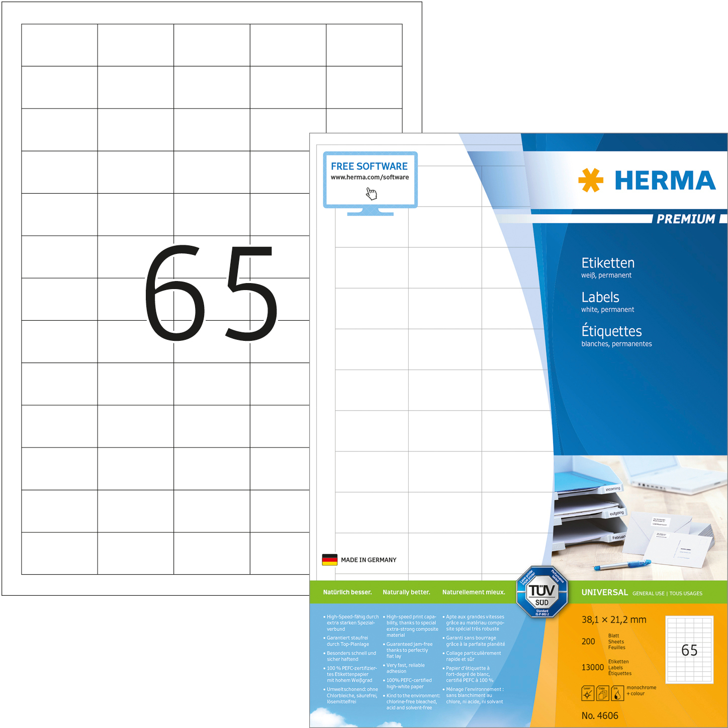 HERMA Étiquettes univ. 38,1x21,2mm 4606 blanc 13000 pcs./200 flls.