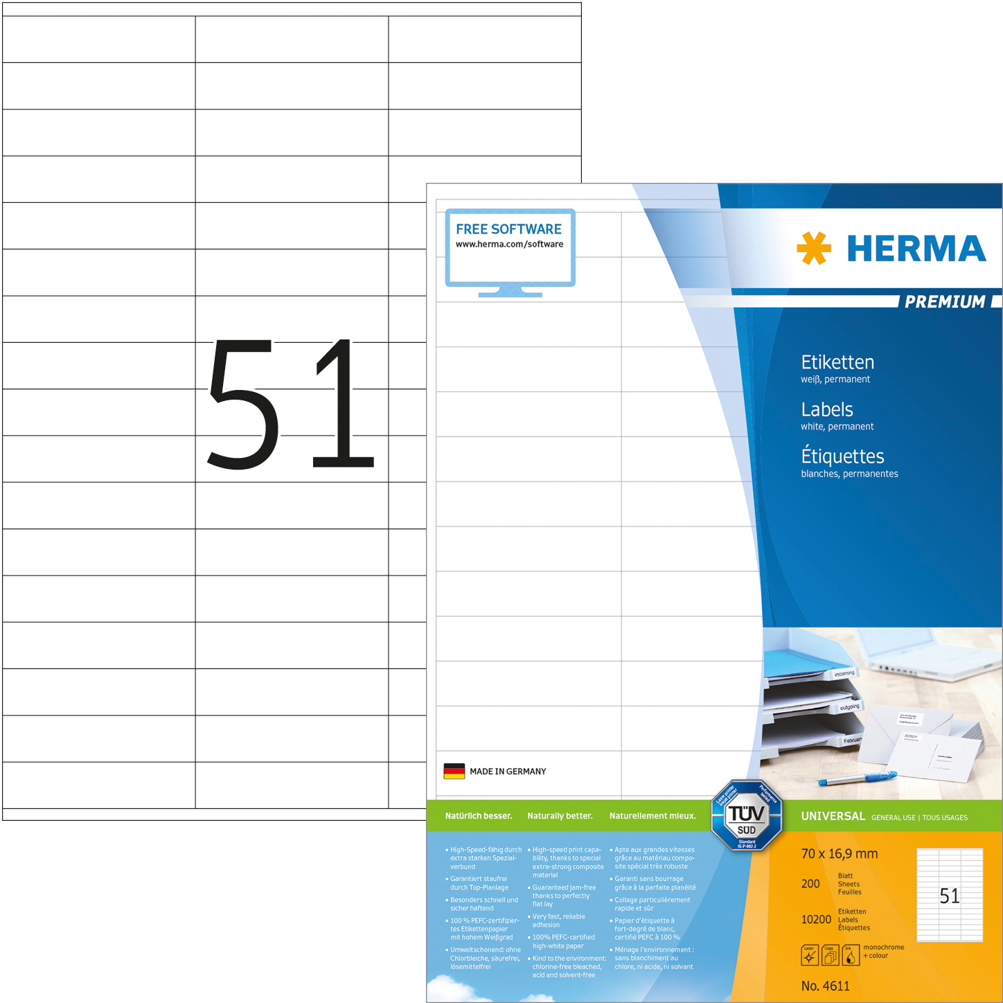 HERMA Etiquettes Premium 70×16,9mm 4611 blanc 10'200 pcs.