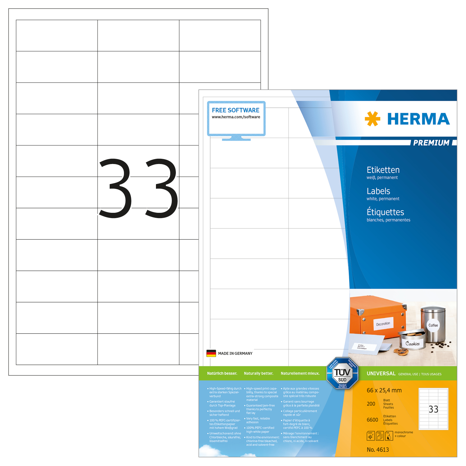 HERMA Etiquettes Premium 66×25,4mm 4613 blanc 6600 pcs.
