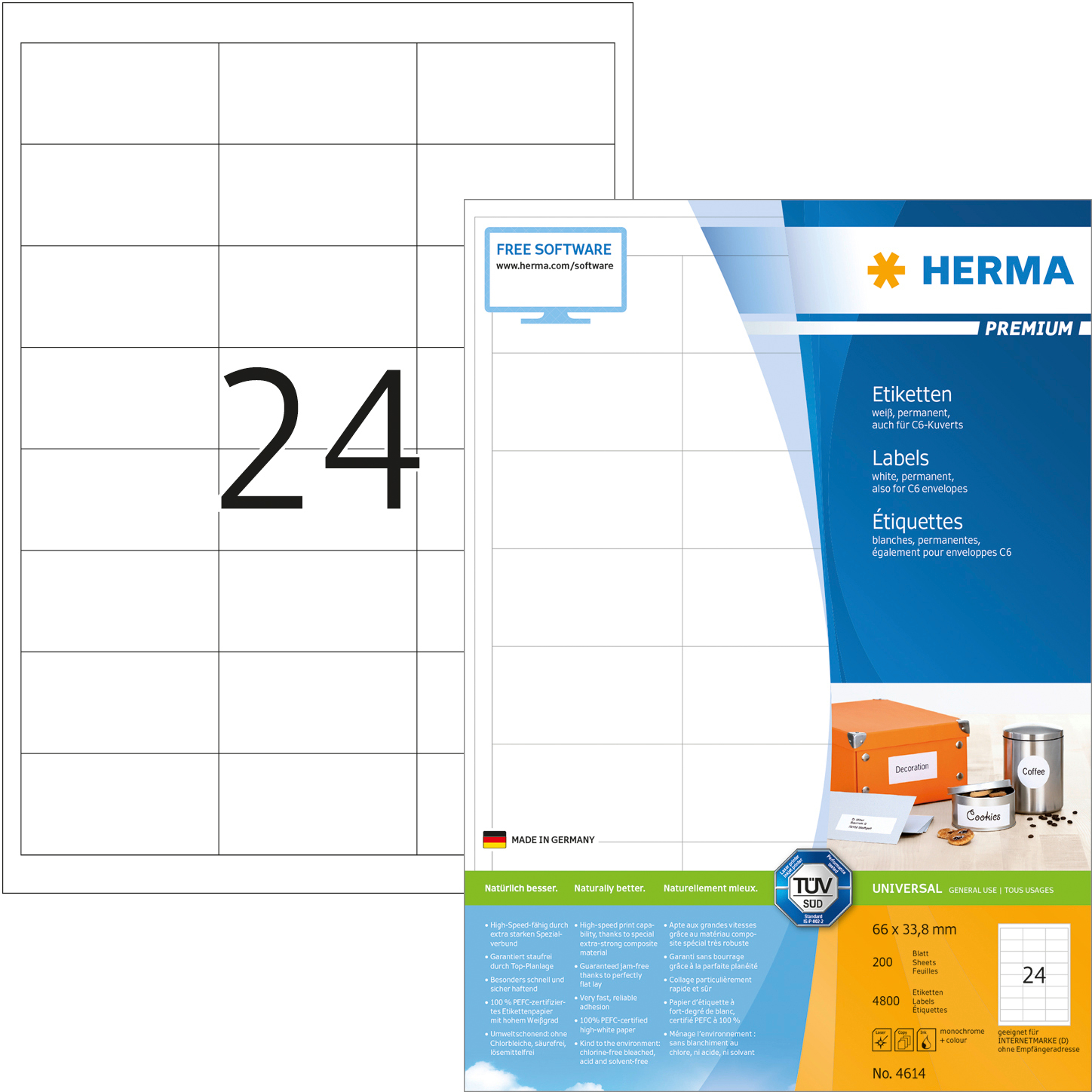 HERMA Étiquettes univers. 66x33,8mm 4614 blanc 4800 pcs./200 flls.
