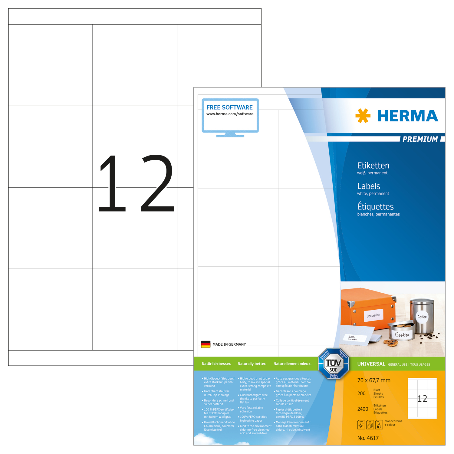 HERMA Etiquettes Premium 70×67,7mm 4617 blanc 2400 pcs.