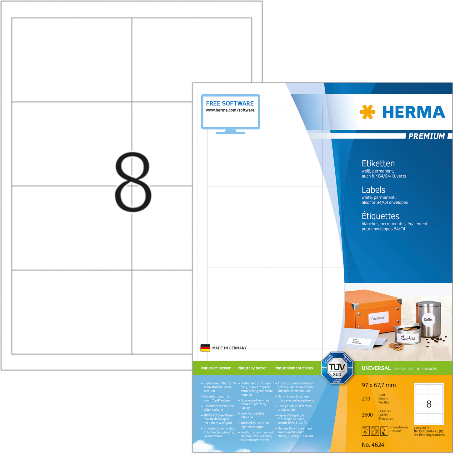 HERMA Etiquettes Premium 96,5×67,7mm 4624 blanc 1600 pcs.
