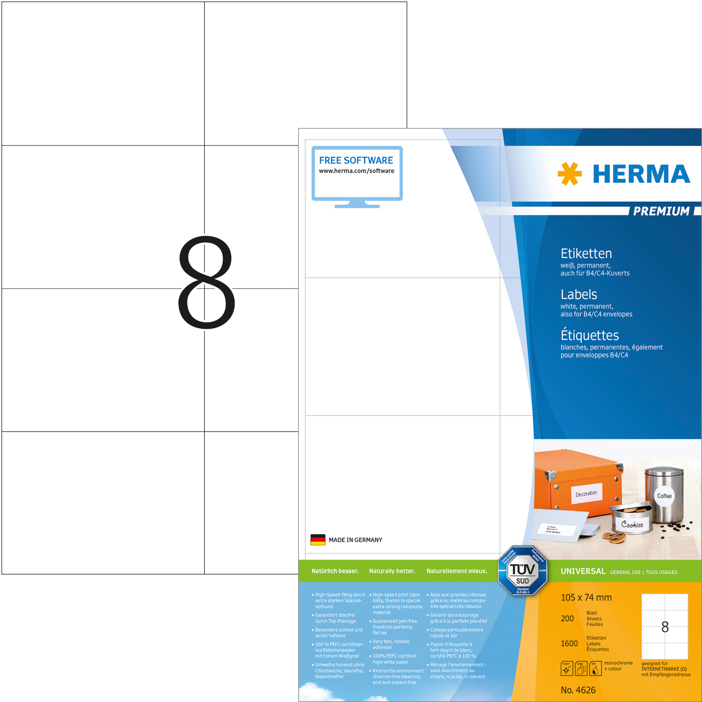 HERMA Étiquettes univers. 105x74mm 4626 blanc 1600 copies/200 flls.