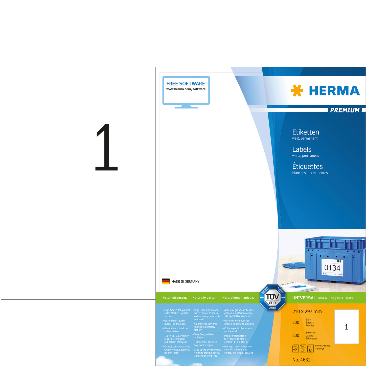HERMA Étiquettes univers. 210x297mm 4631 blanc 200 pcs./200 flls.
