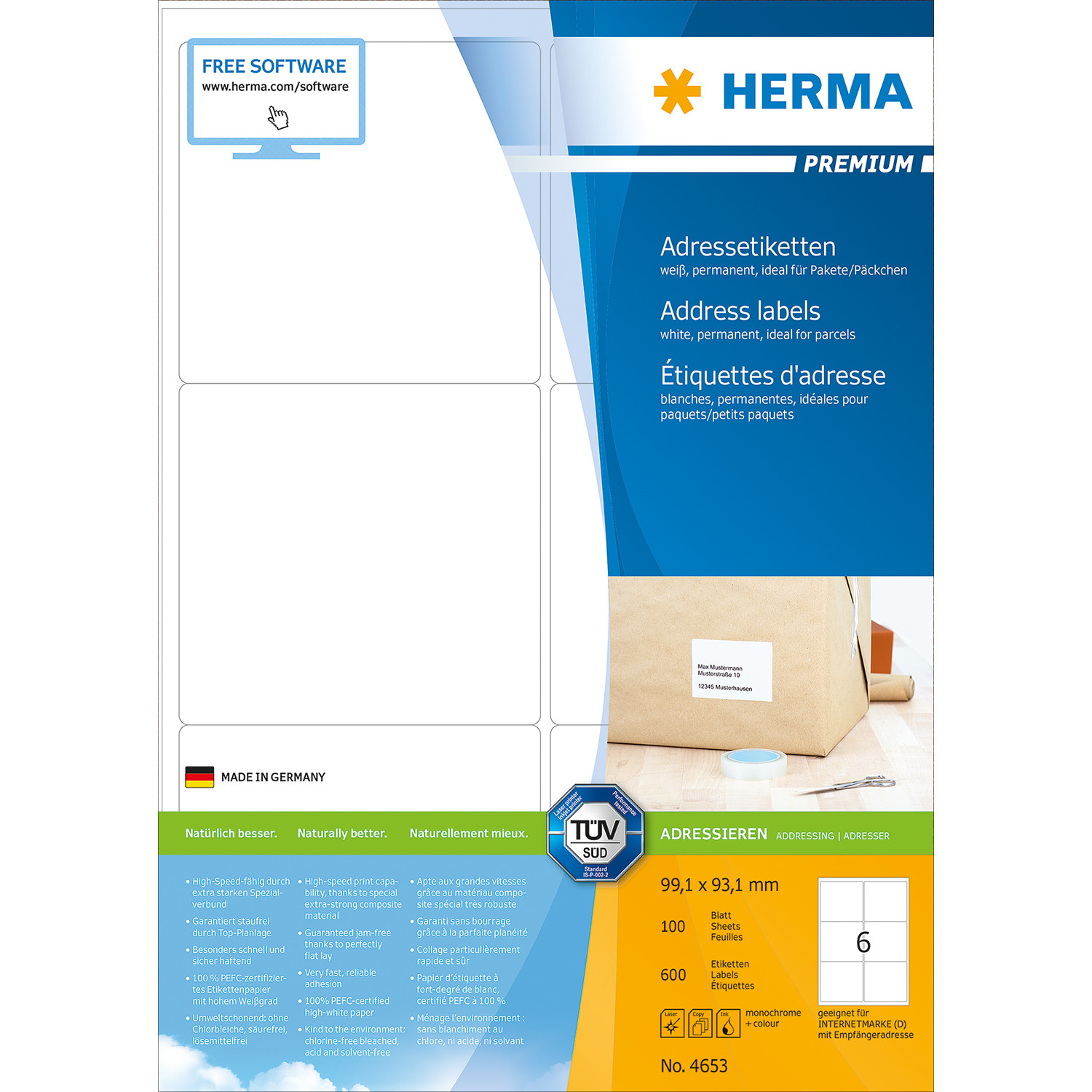HERMA Etiquettes adress. 99x93mm 4653 blanc, permanent 100 pcs.