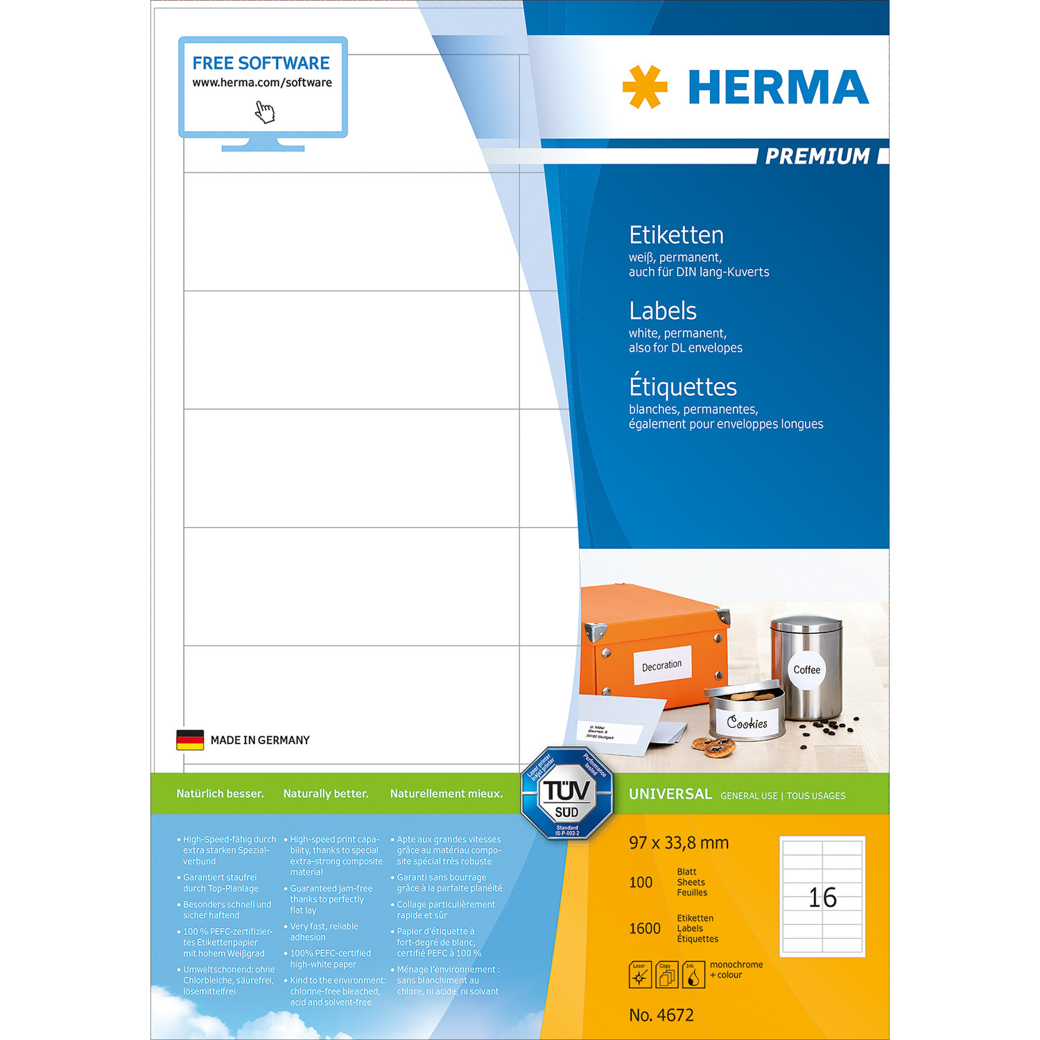 HERMA Etiquettes Premium 96,5×33,8mm 4672 blanc 1600 pcs.
