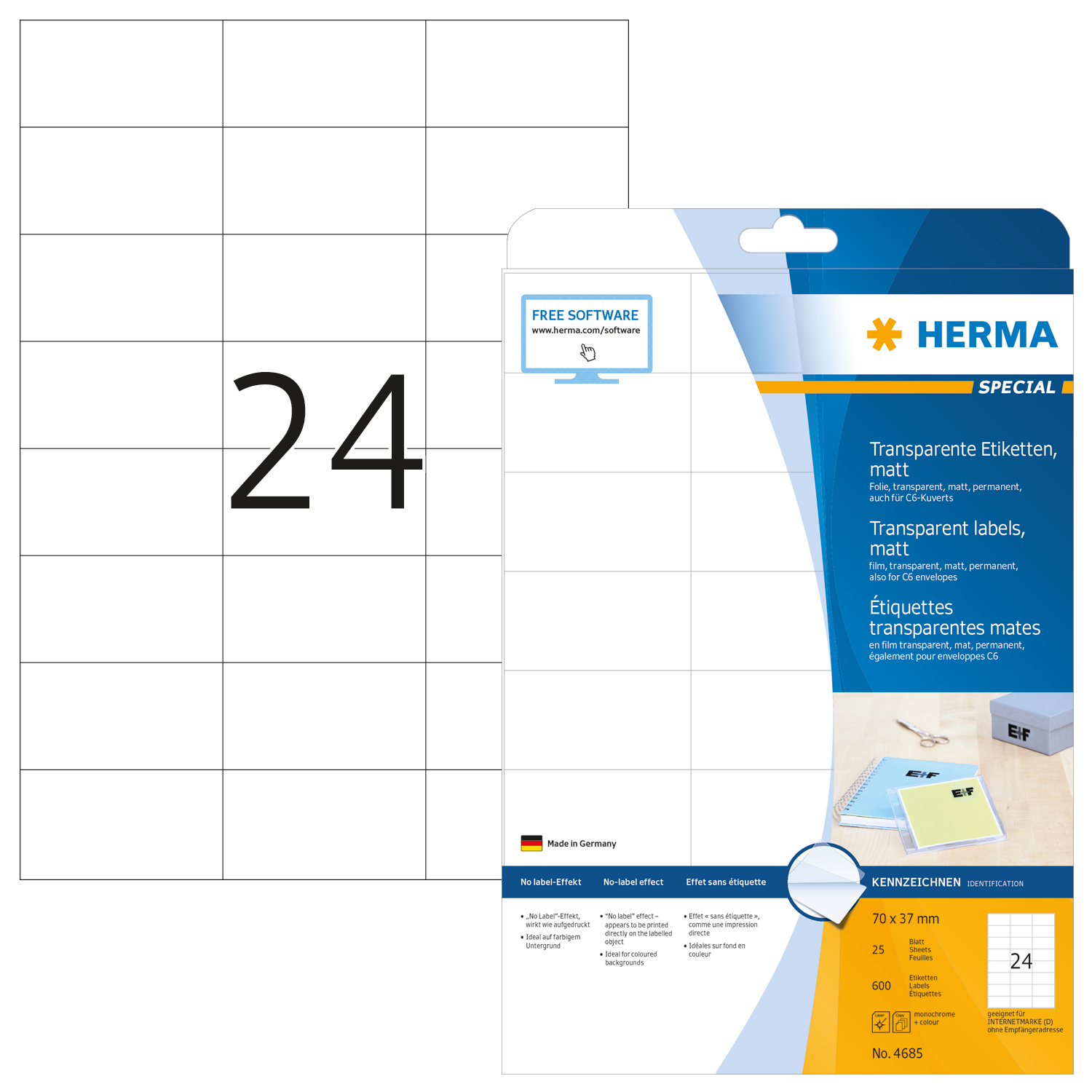 HERMA Étiquettes PP 70x37mm 4685 transparent 600 pcs./25 flls.