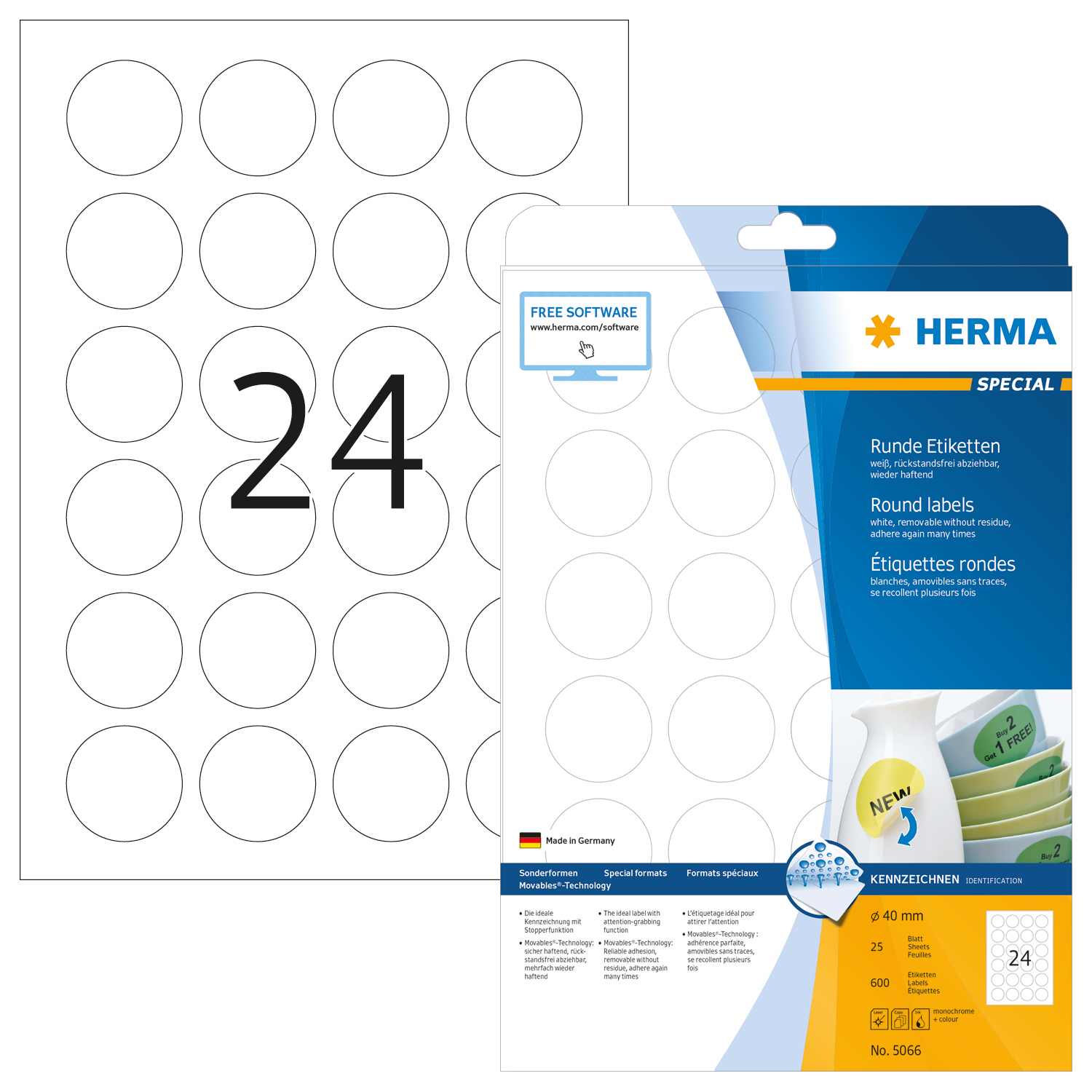 HERMA Étiquettes rondes 40mm 5066 blanc 600 pcs./25 flls.